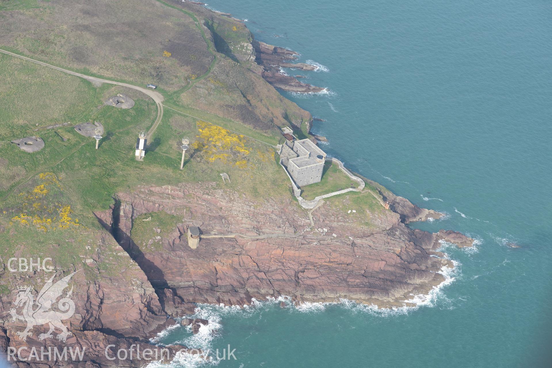 Aerial photography of West Blockhouse taken on 27th March 2017. Baseline aerial reconnaissance survey for the CHERISH Project. ? Crown: CHERISH PROJECT 2017. Produced with EU funds through the Ireland Wales Co-operation Programme 2014-2020. All material made freely available through the Open Government Licence.