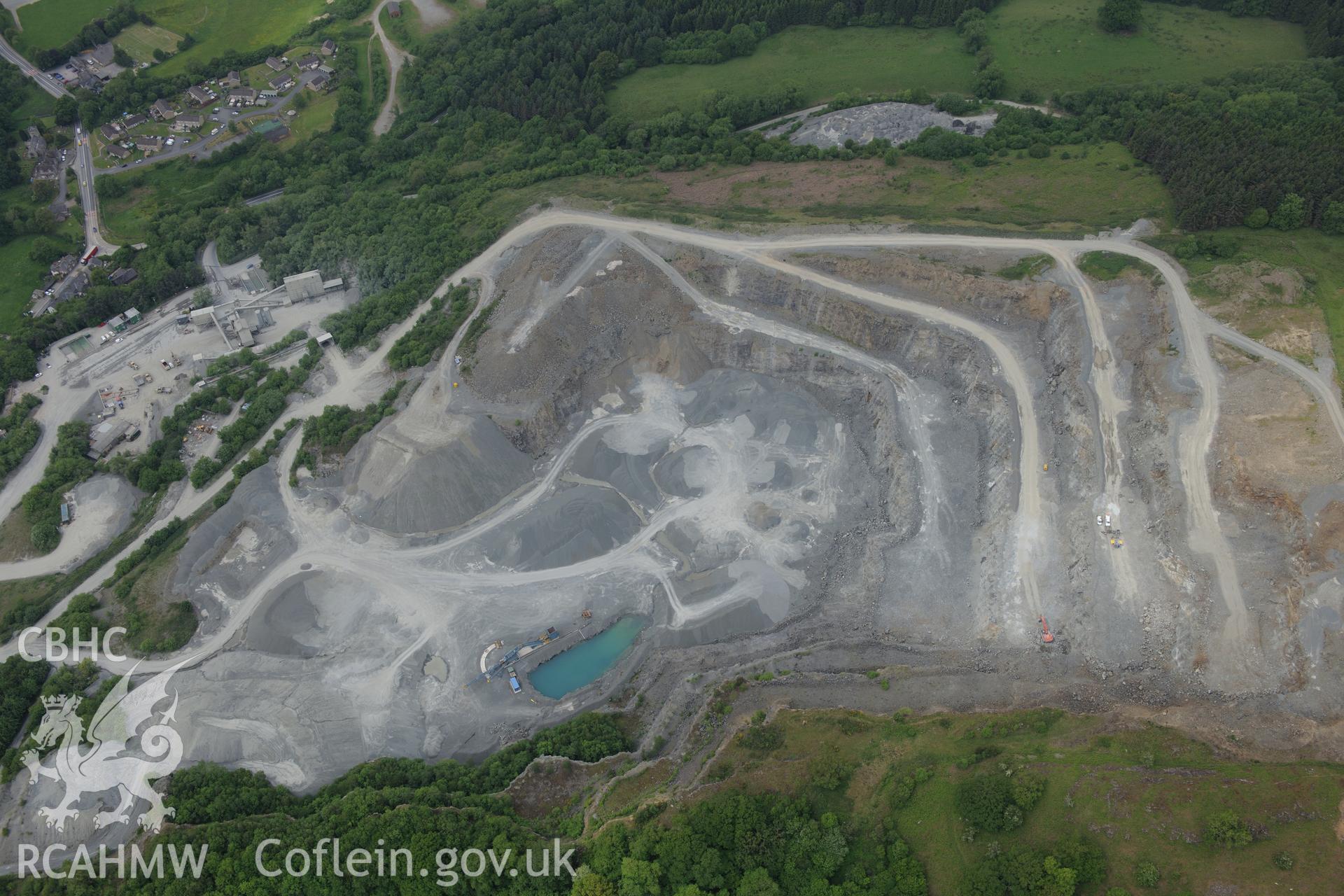 Llanelwedd stone quarry. Oblique aerial photograph taken during the Royal Commission's programme of archaeological aerial reconnaissance by Toby Driver on 11th June 2015.