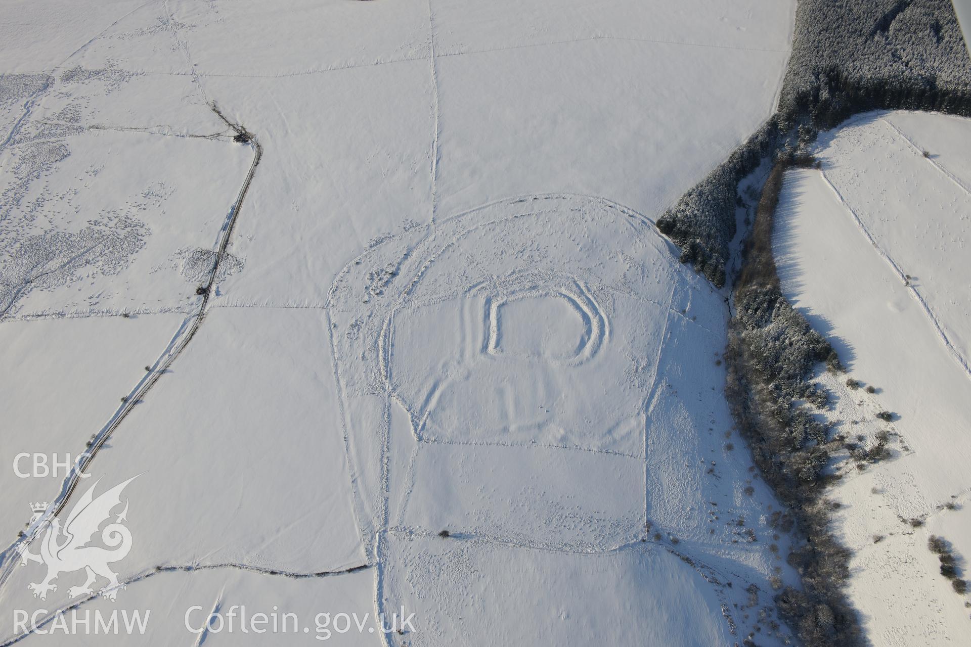 Y Bwlwarcau hillfort, on the eastern edge of Margam Forest, south of Maesteg. Oblique aerial photograph taken during the Royal Commission?s programme of archaeological aerial reconnaissance by Toby Driver on 24th January 2013.