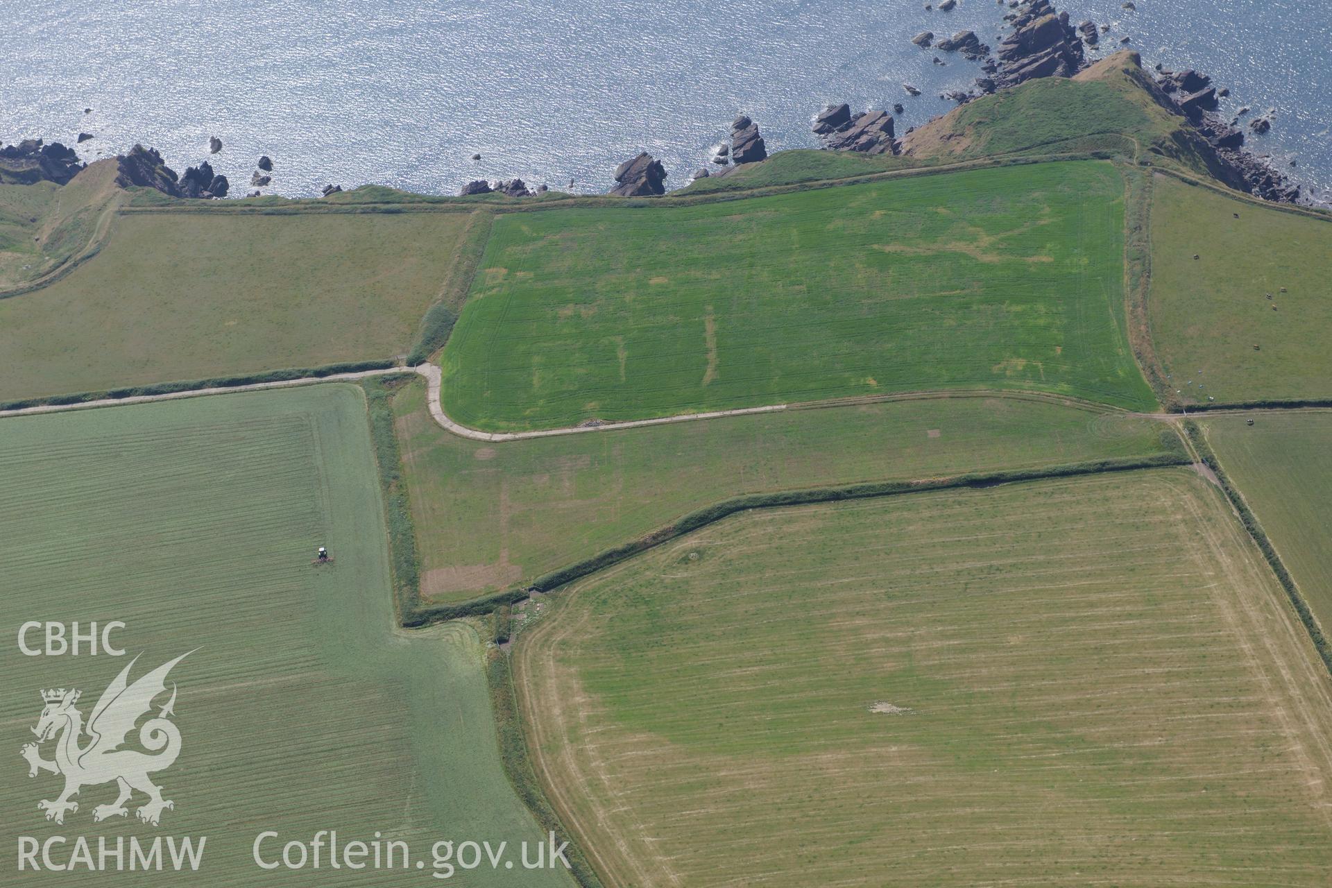 Site of the old Second World War Base the HMS Harrier, with site of associated chapel, Dale. Oblique aerial photograph taken during the Royal Commission?s programme of archaeological aerial reconnaissance by Toby Driver on 16th July 2013.