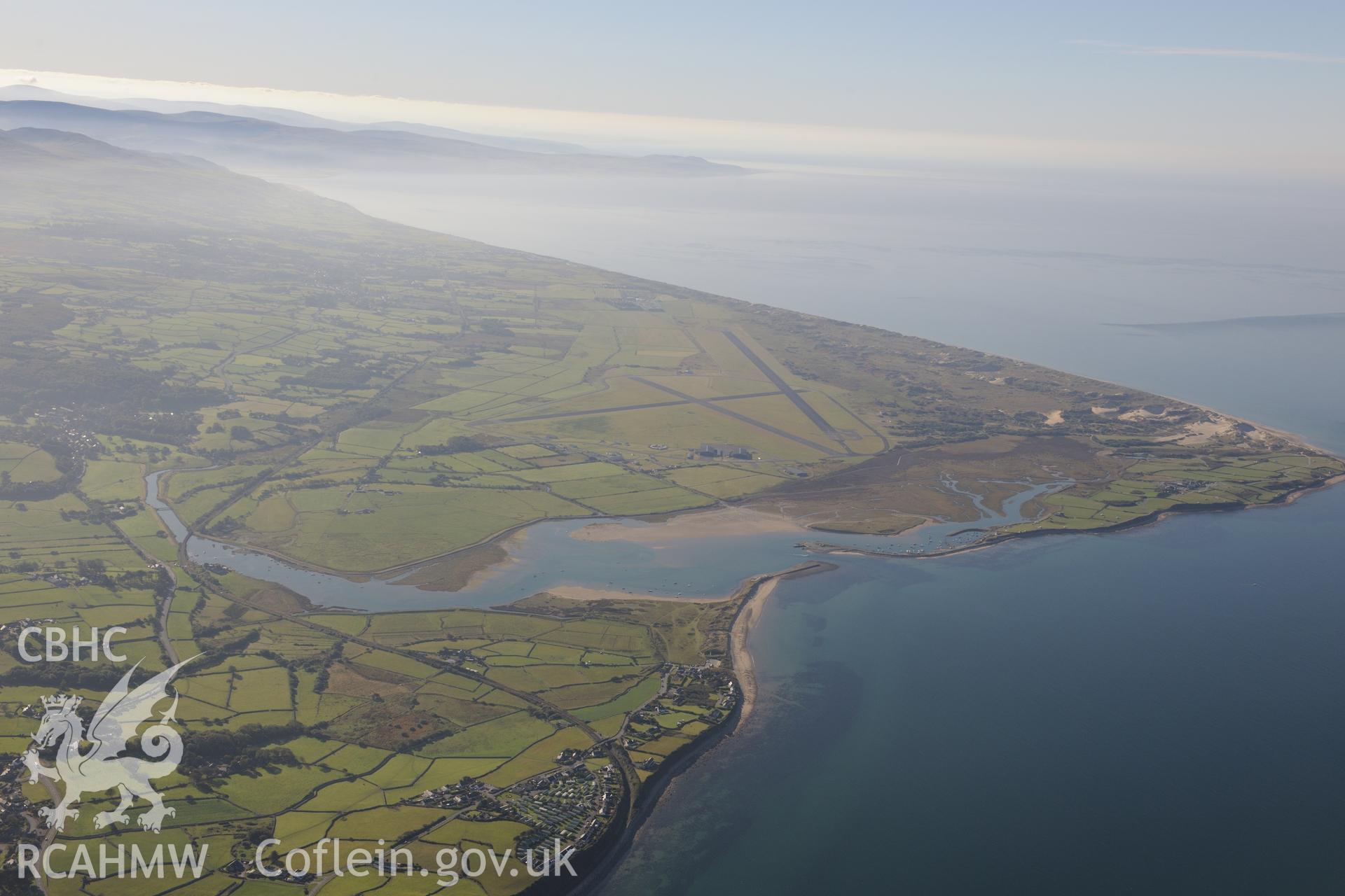 Llanbedr Airfield, overlooking Tremadog Bay. Oblique aerial photograph taken during the Royal Commission's programme of archaeological aerial reconnaissance by Toby Driver on 2nd October 2015.