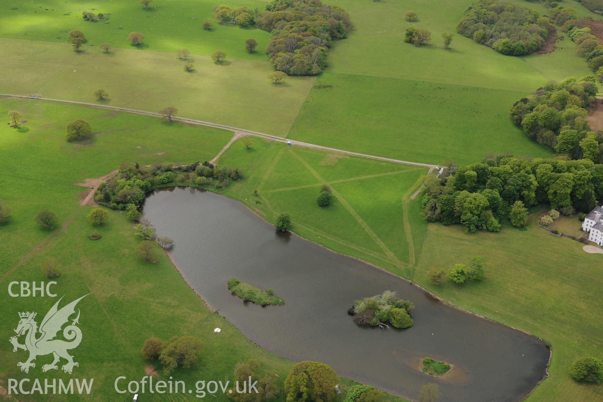 Vaynol Hall garden, Capel y Graig, Bangor. Oblique aerial photograph taken during the Royal Commission?s programme of archaeological aerial reconnaissance by Toby Driver on 22nd May 2013.