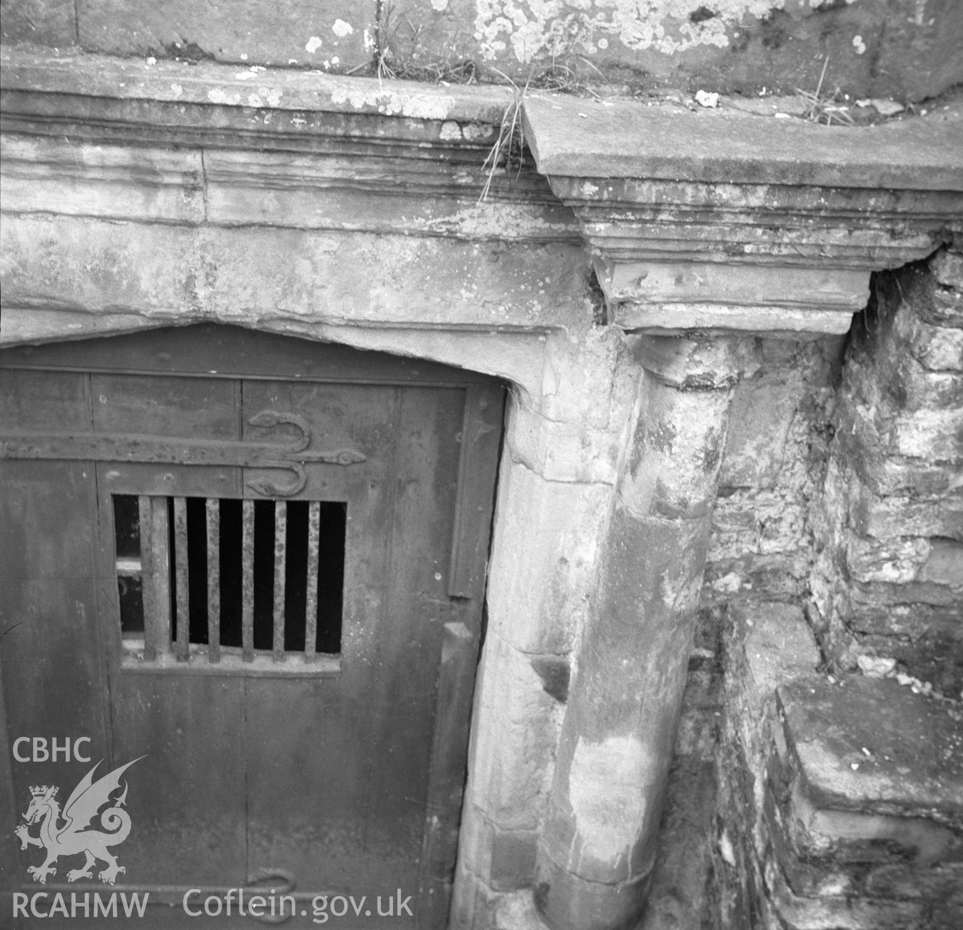 Digital copy of an undated nitrate negative showing detail view of exterior door at Bodrhyddan Hall, Rhuddlan, Flintshire.