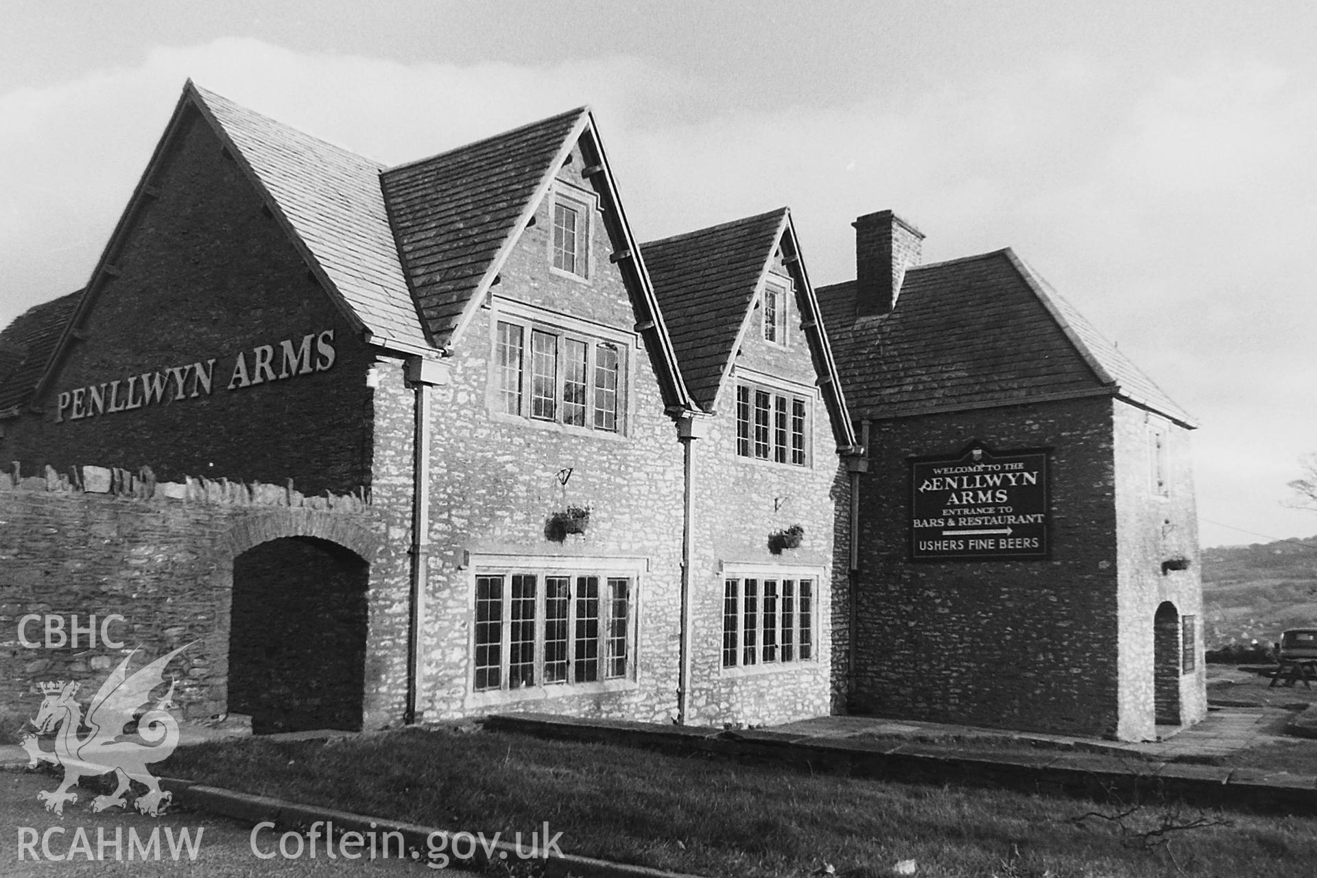 Digitised black and white photograph showing exterior view of Penllwyn Manor House, Pontllanfraith, taken by Paul Davis in 1990.