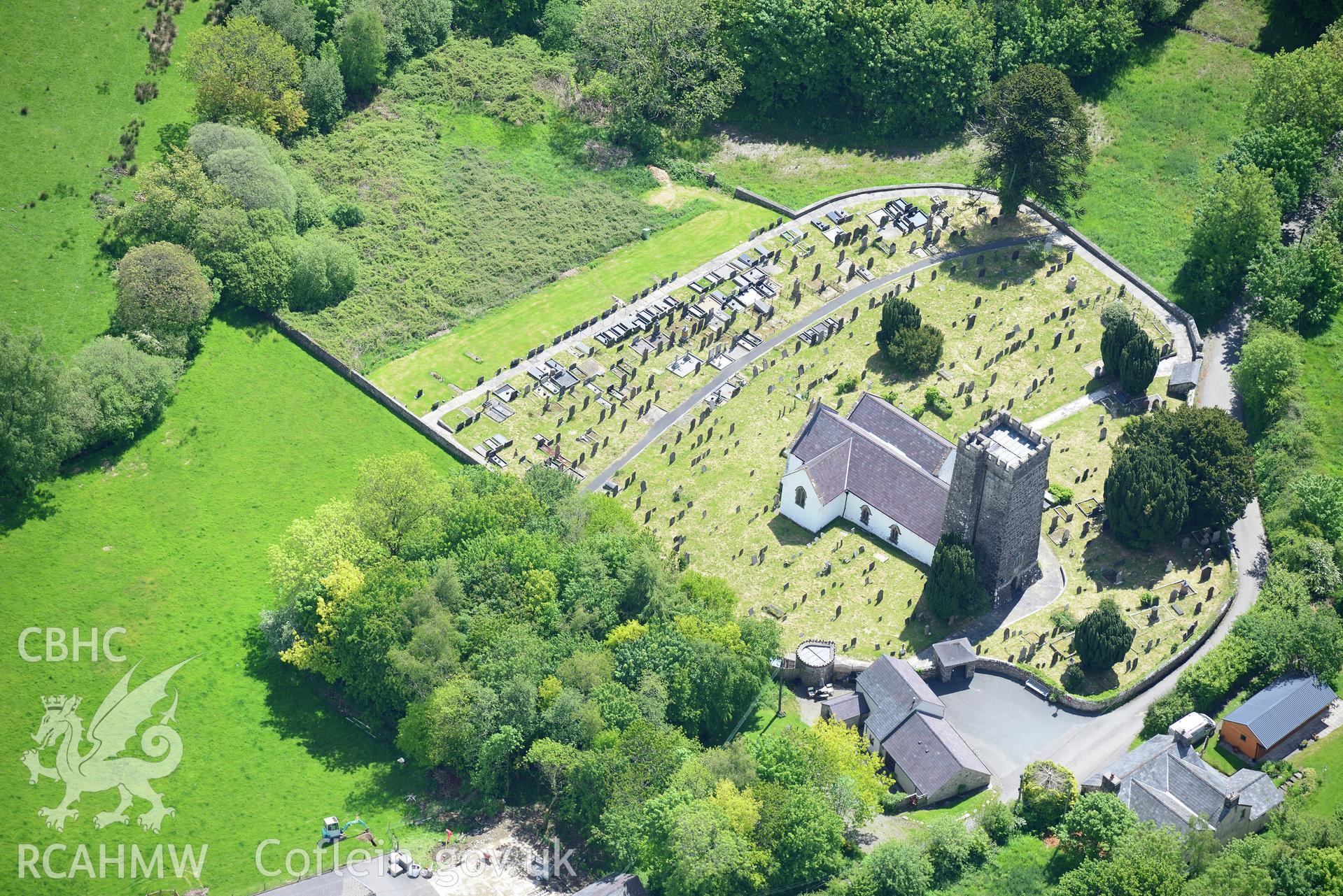 St. Gwenog's Church, Llanwenog. Oblique aerial photograph taken during the Royal Commission's programme of archaeological aerial reconnaissance by Toby Driver on 3rd June 2015.