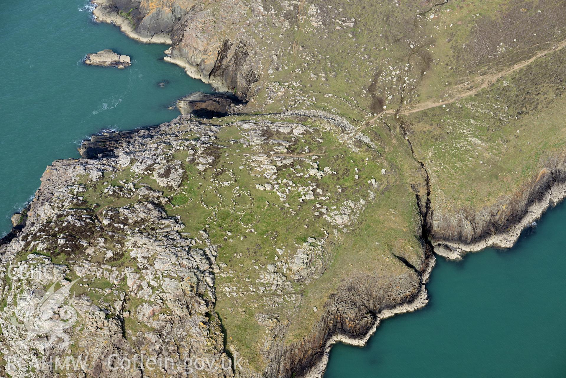 Aerial photography of St Davids Head camp taken on 27th March 2017. Baseline aerial reconnaissance survey for the CHERISH Project. ? Crown: CHERISH PROJECT 2019. Produced with EU funds through the Ireland Wales Co-operation Programme 2014-2020. All material made freely available through the Open Government Licence.