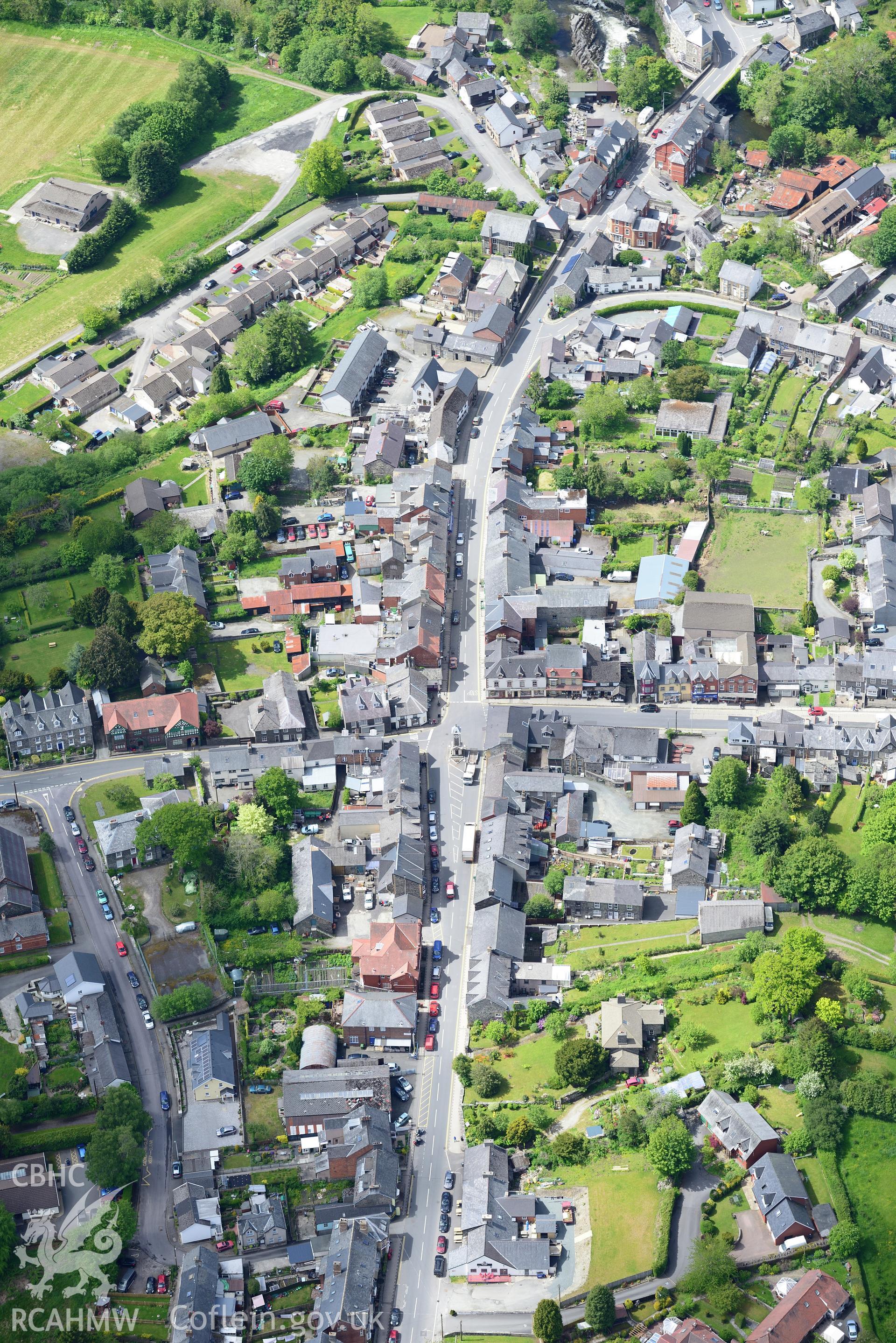 Rhayader town. Oblique aerial photograph taken during the Royal Commission's programme of archaeological aerial reconnaissance by Toby Driver on 3rd June 2015.