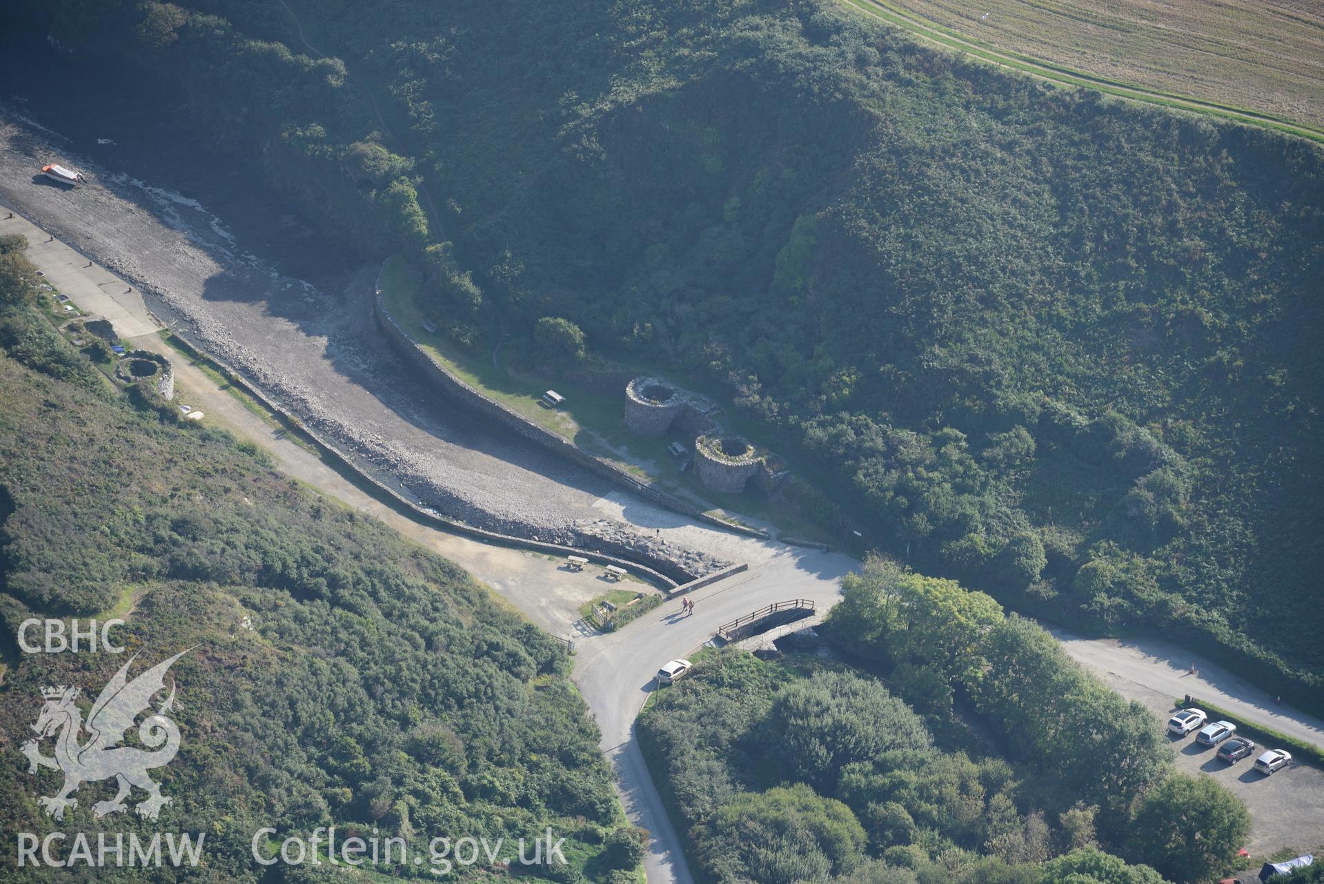 Porthclais limekilns, south west of St. Davids. Oblique aerial photograph taken during the Royal Commission's programme of archaeological aerial reconnaissance by Toby Driver on 30th September 2015.