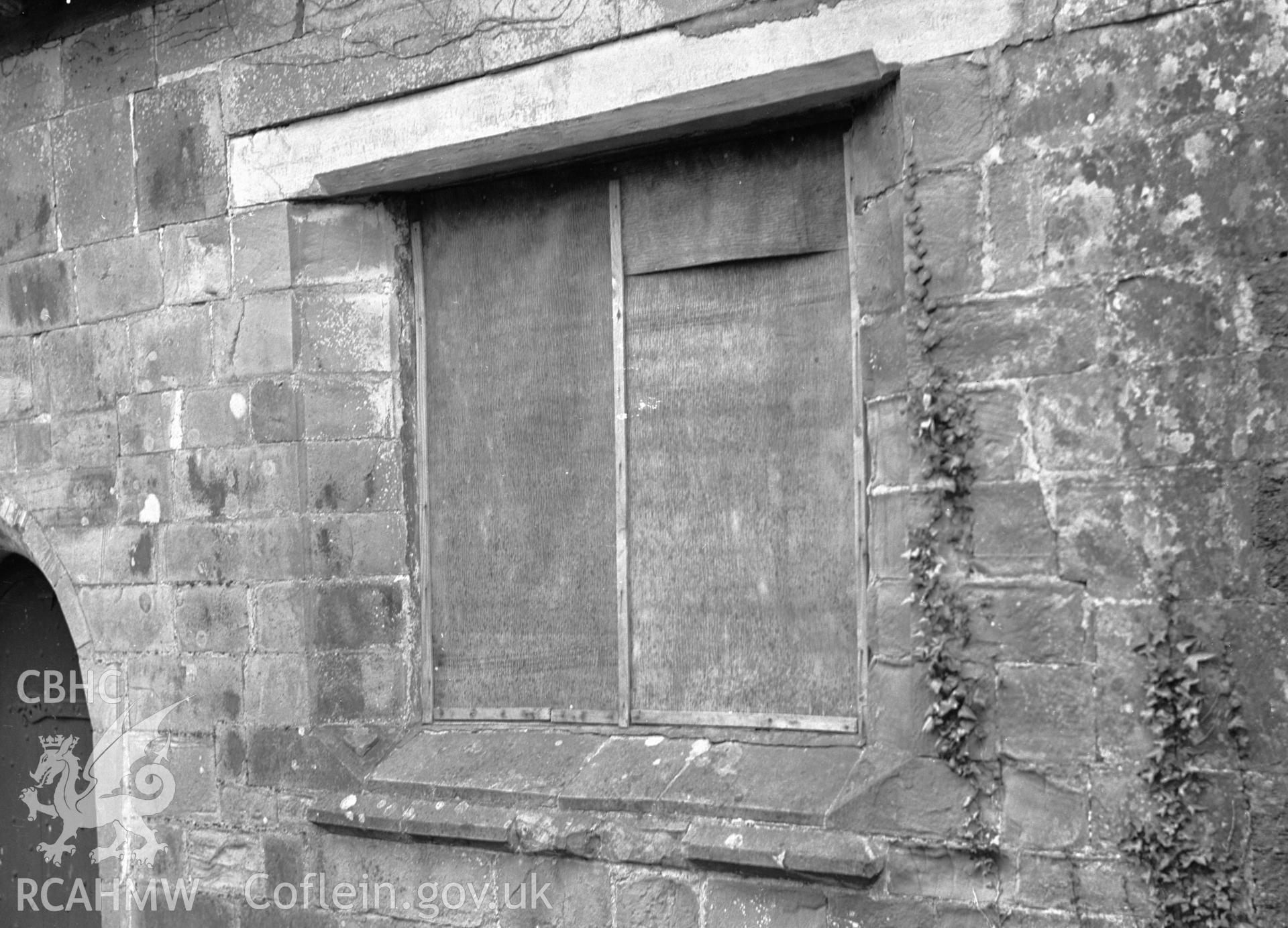 Digital copy of a nitrate negative showing a window at Gwydir Uchaf Chapel, taken in the 1950's.