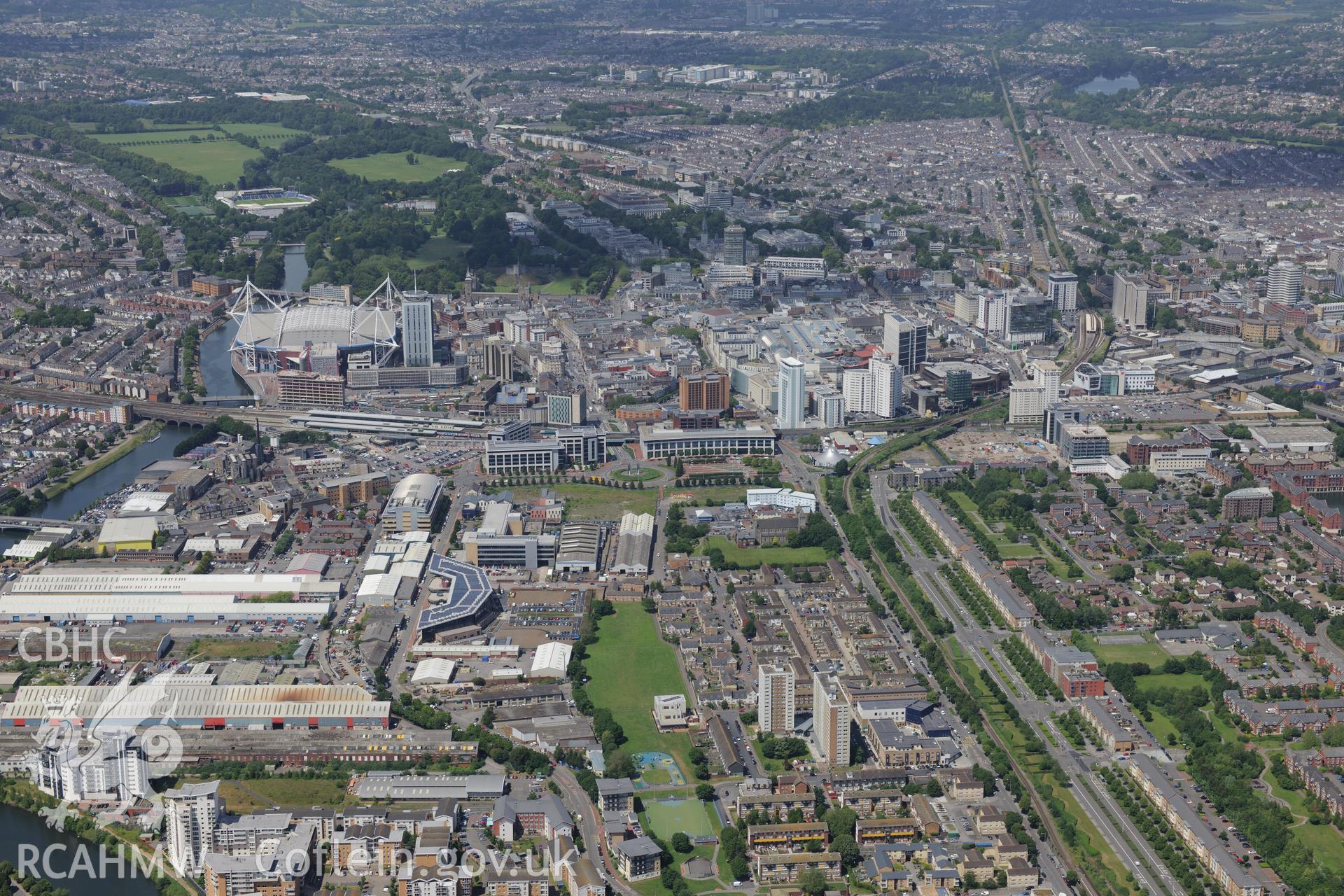 Pontcanna Fields; Sophia Gardens Cricket Ground; the Millennium Stadium; Central Railway Station and Cardiff and Vale College City Centre Campus, Cardiff. Oblique aerial photograph taken during the Royal Commission's programme of archaeological aerial reconnaissance by Toby Driver on 29th June 2015.