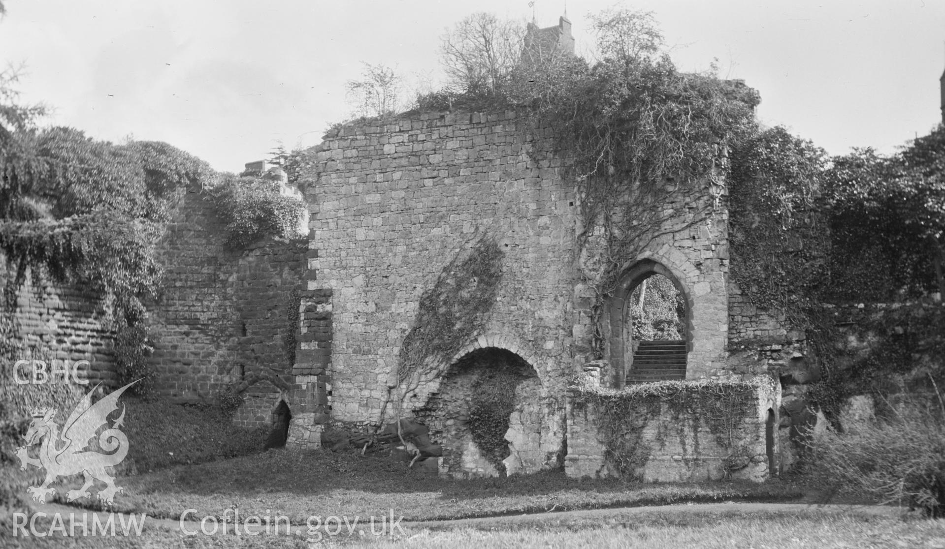 Digital copy of a nitrate negative showing a general view of wall and doorway at Ruthin Castle.