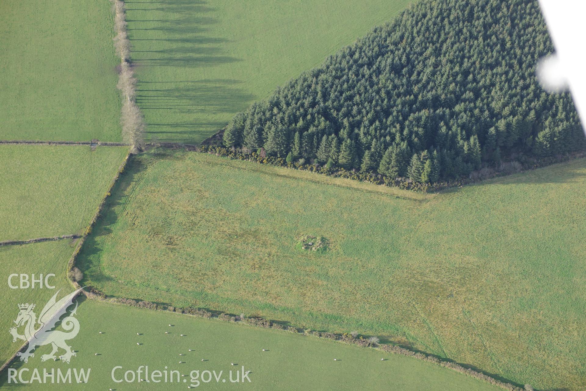 Crug Sgethlin Round Barrow. Oblique aerial photograph taken during the Royal Commission's programme of archaeological aerial reconnaissance by Toby Driver on 6th January 2015.