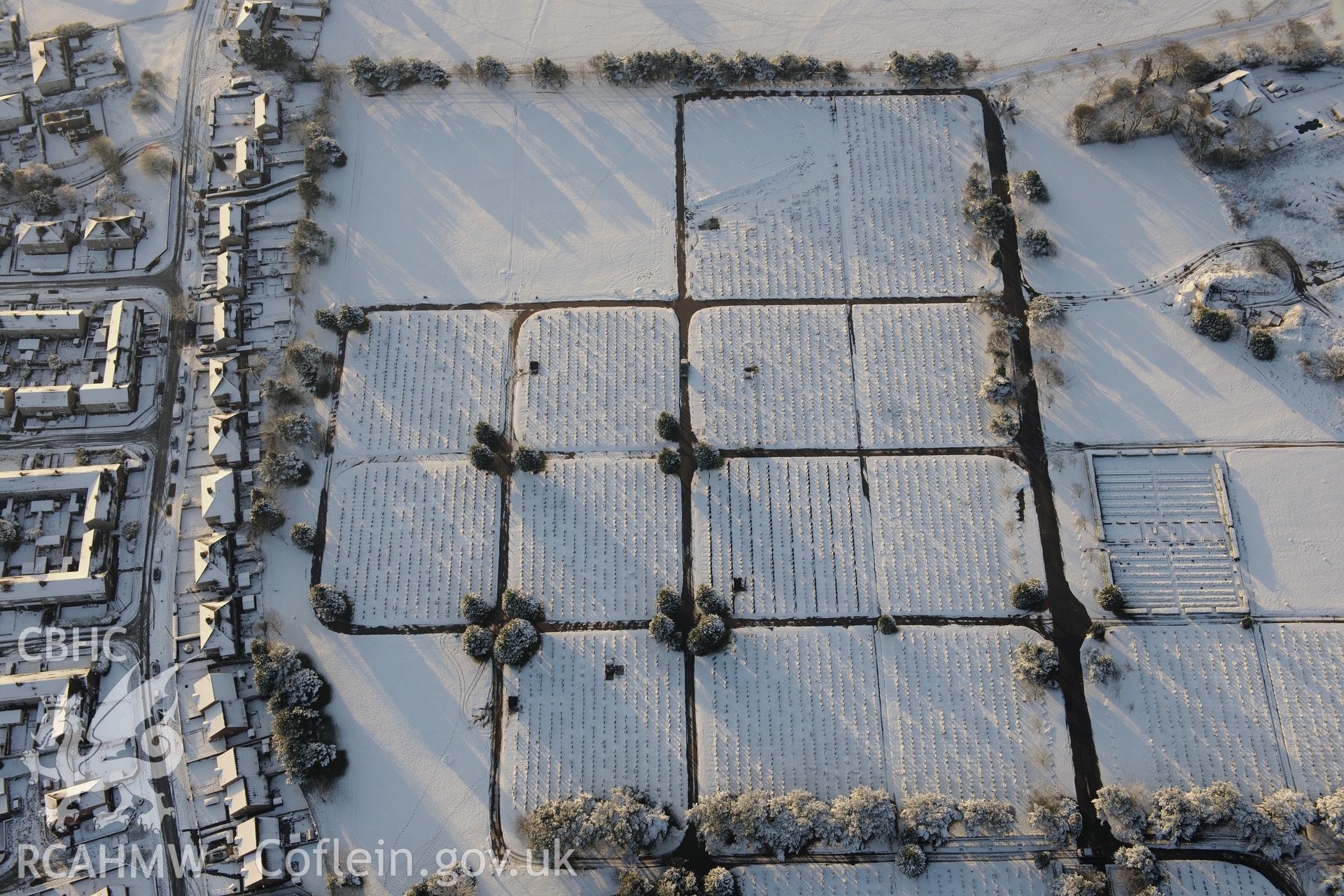 Cemetery Chapel, Morriston Cemetery, Swansea. Oblique aerial photograph taken during the Royal Commission?s programme of archaeological aerial reconnaissance by Toby Driver on 24th January 2013.