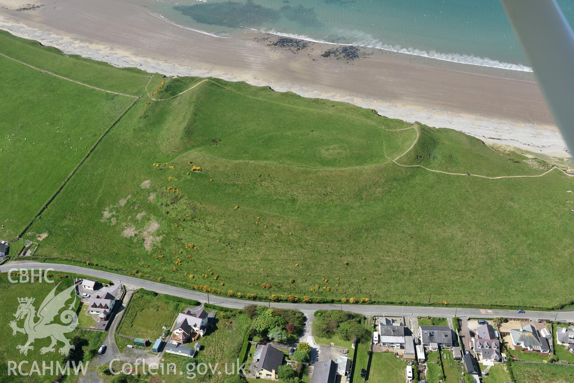 Aerial photography of Dinas Dinlle taken on 3rd May 2017.  Baseline aerial reconnaissance survey for the CHERISH Project. ? Crown: CHERISH PROJECT 2017. Produced with EU funds through the Ireland Wales Co-operation Programme 2014-2020. All material made