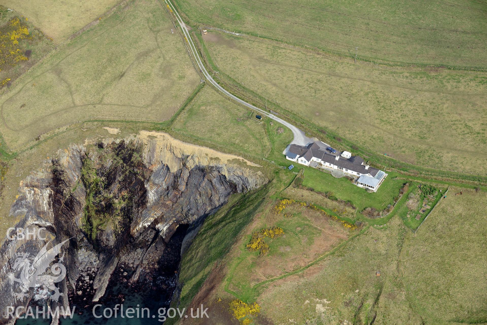 Aerial photography of Pen Castell promontory fort taken on 27th March 2017. Baseline aerial reconnaissance survey for the CHERISH Project. ? Crown: CHERISH PROJECT 2019. Produced with EU funds through the Ireland Wales Co-operation Programme 2014-2020. All material made freely available through the Open Government Licence.