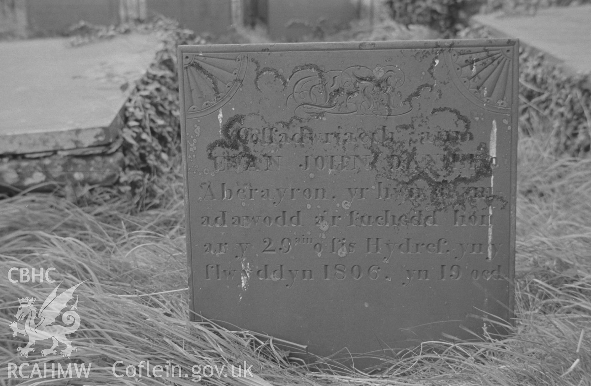 Digital copy of a black and white negative showing 1806 gravestone at St. David's Church, Henfynyw, Aberaeron. Photographed by Arthur O. Chater on 5th September 1966 from Grid Reference SN 447 613.