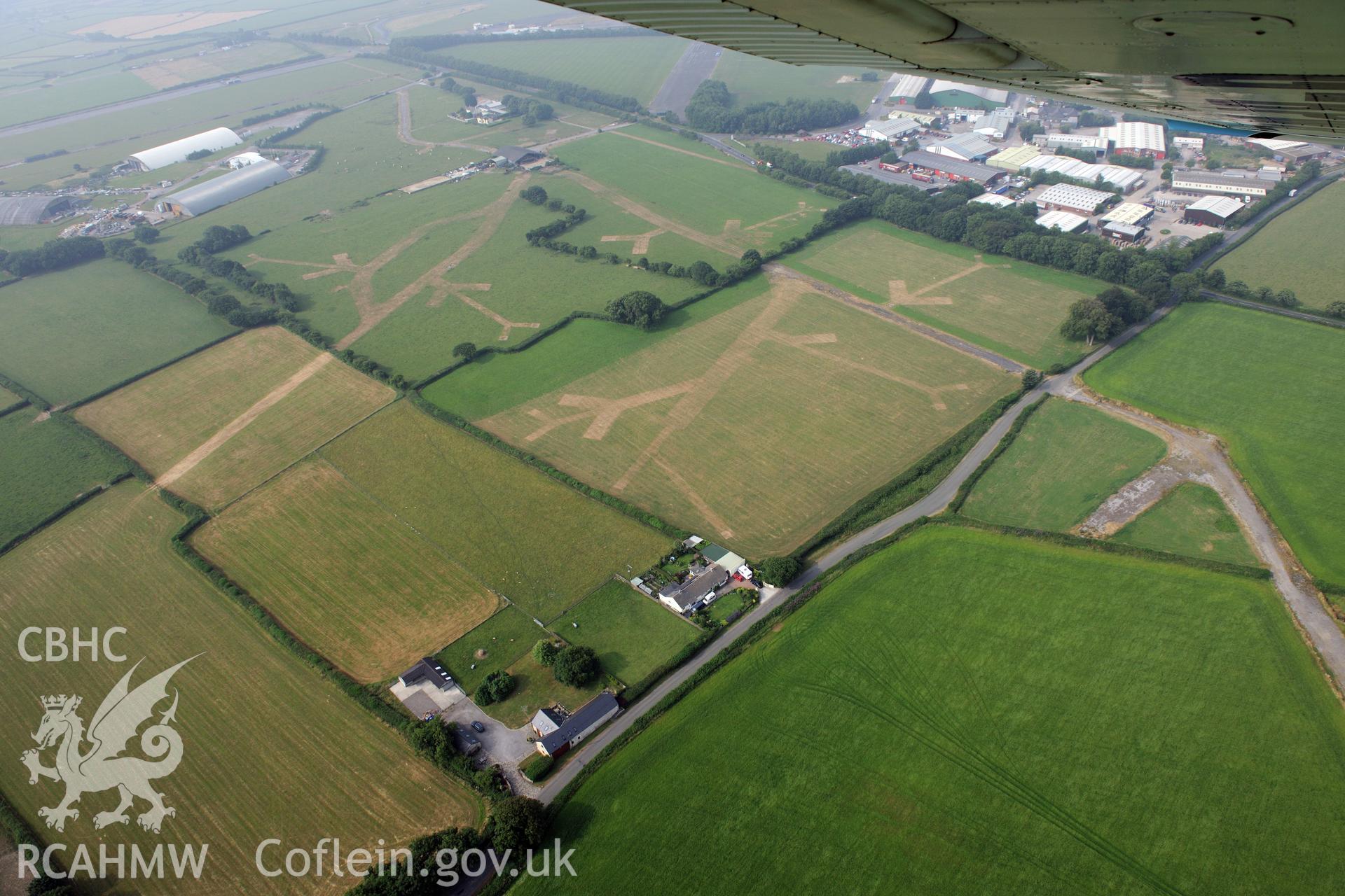 Royal Commission aerial photography of parchmarks at Llandow Airfield recorded during drought conditions on 22nd July 2013.