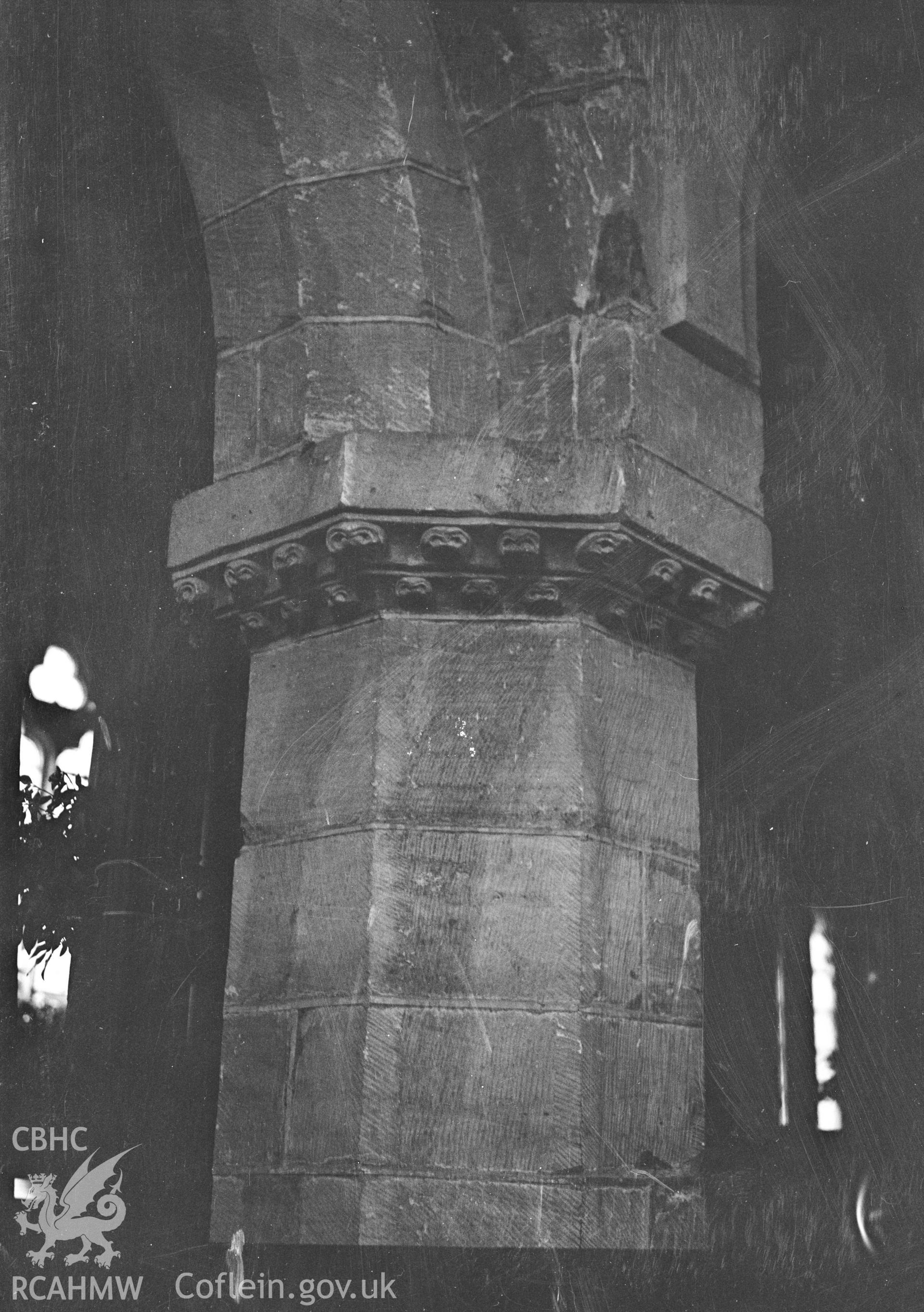 Digital copy of a nitrate negative showing interior detail of octagonal pillar, St Michael and All Angels Church, Kerry. From the National Building Record Postcard Collection.