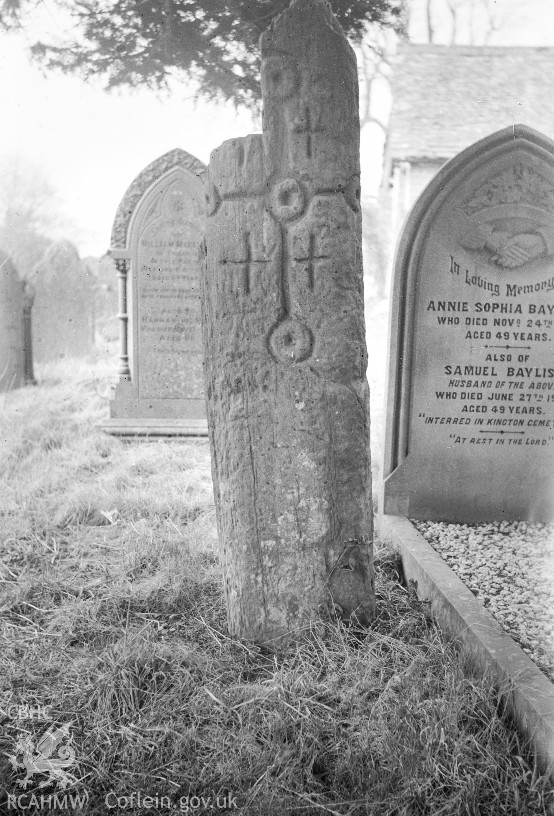 Digital copy of a nitrate negative showing the pillar stone in Bryngwyn Church. From the Cadw Monuments in Care Collection.