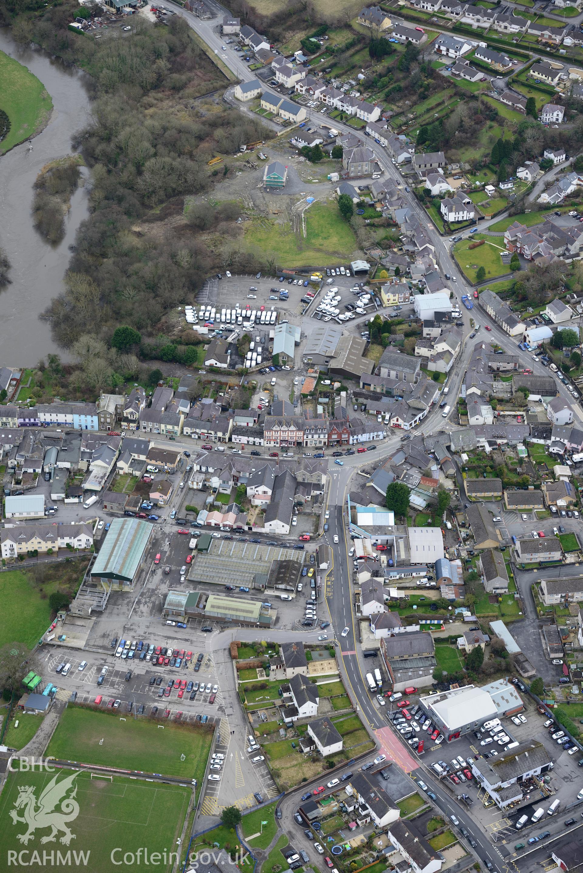 Newcastle Emlyn livestock market, Newcastle Emlyn. Oblique aerial photograph taken during the Royal Commission's programme of archaeological aerial reconnaissance by Toby Driver on 13th March 2015.