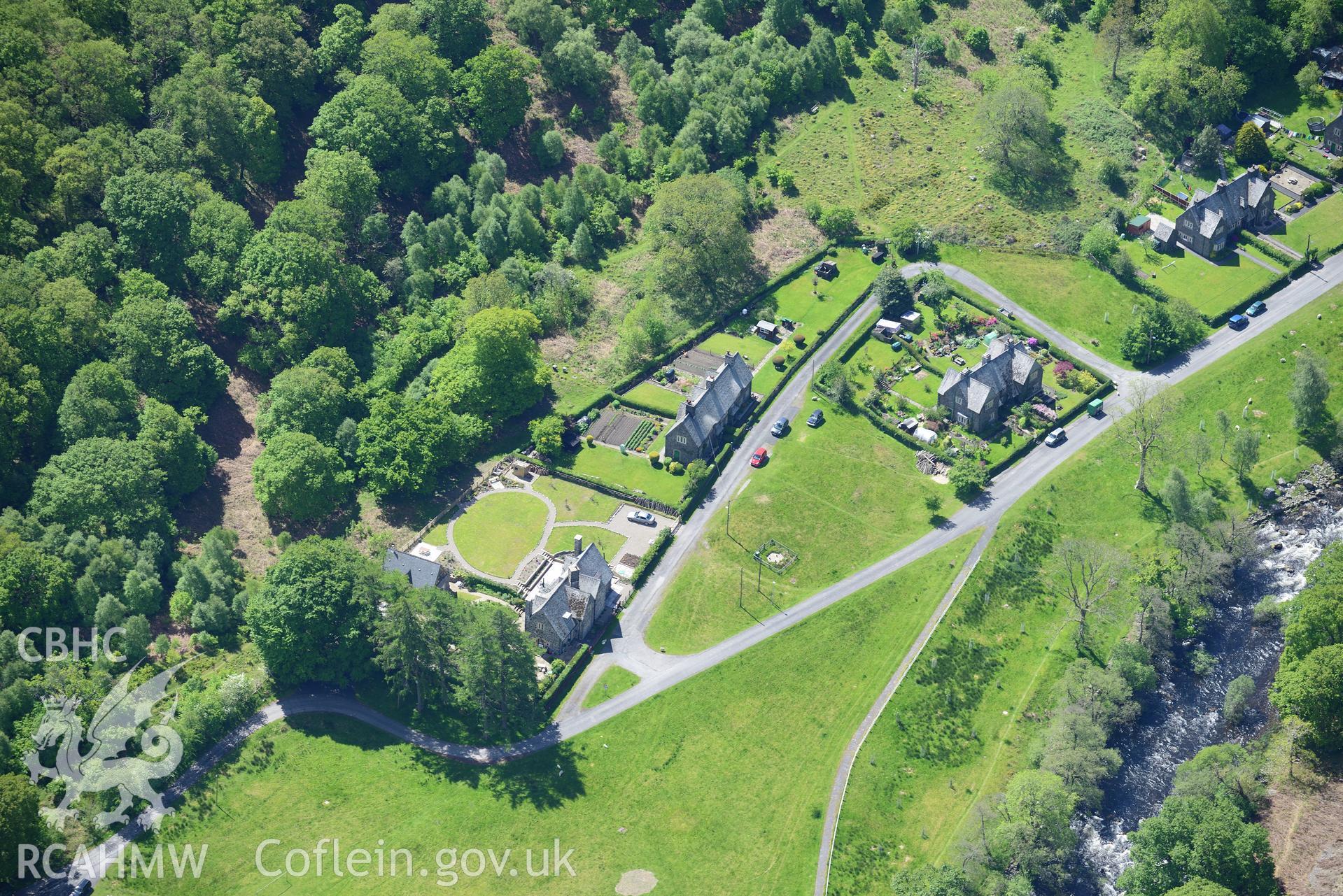 Elan Village Houses no. 4-11, Birmingham Corporation Waterworks model village. Oblique aerial photograph taken during the Royal Commission's programme of archaeological aerial reconnaissance by Toby Driver on 3rd June 2015.