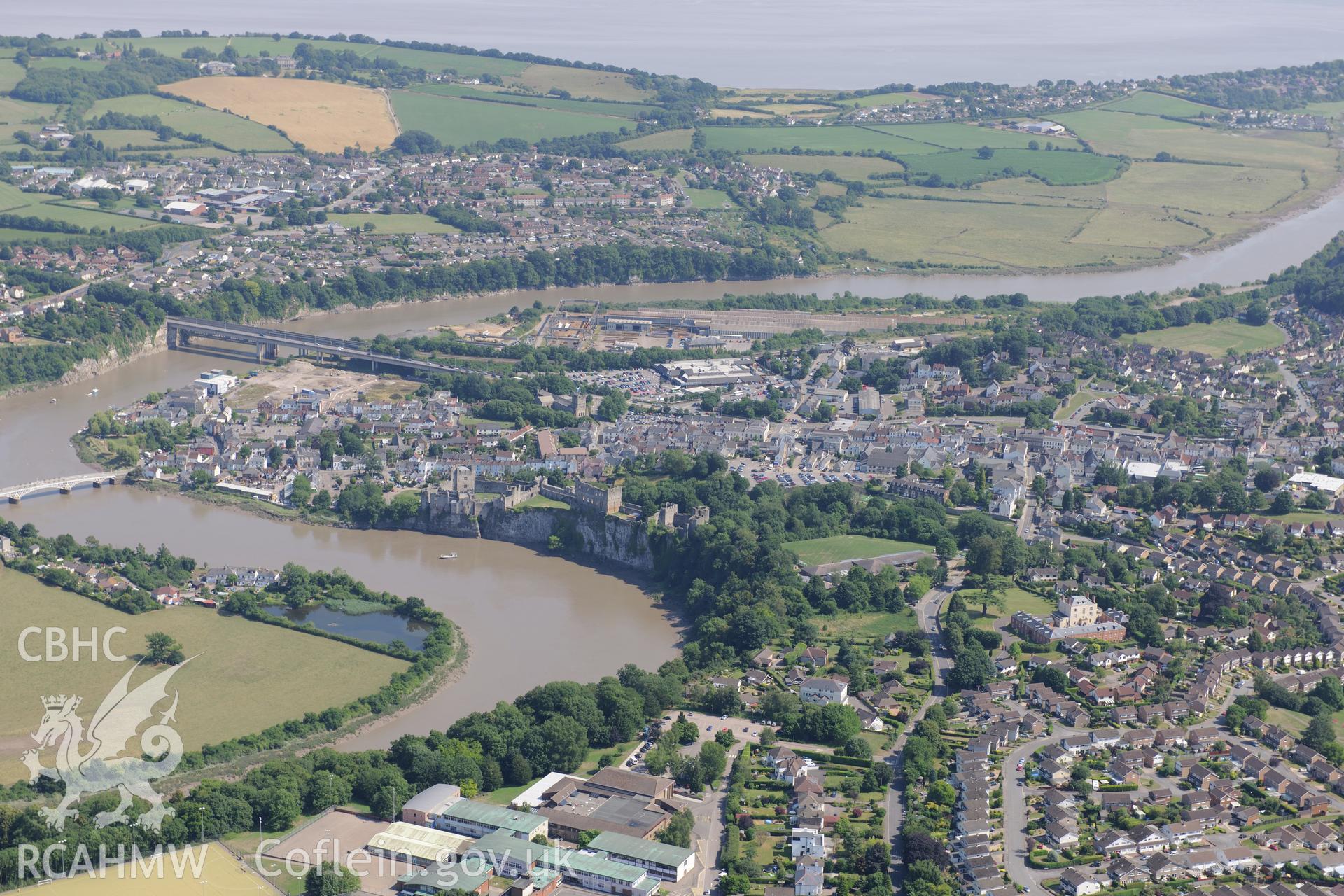 Chepstow Castle and Chepstow Old Bridge crossing the river Wye, Chepstow. Oblique aerial photograph taken during the Royal Commission?s programme of archaeological aerial reconnaissance by Toby Driver on 1st August 2013.