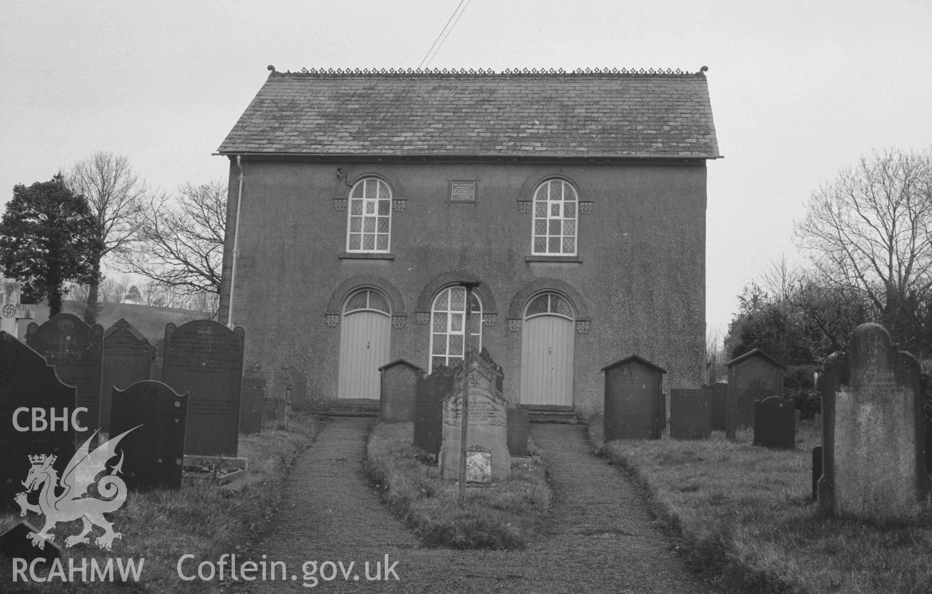 Digital copy of a black and white negative showing exterior view of Alltyblaca Welsh Unitarian Chapel, Alltyblaca, Llanwenog. Photographed by Arthur O. Chater in April 1966 from Grid Reference SN 524 458, looking west.