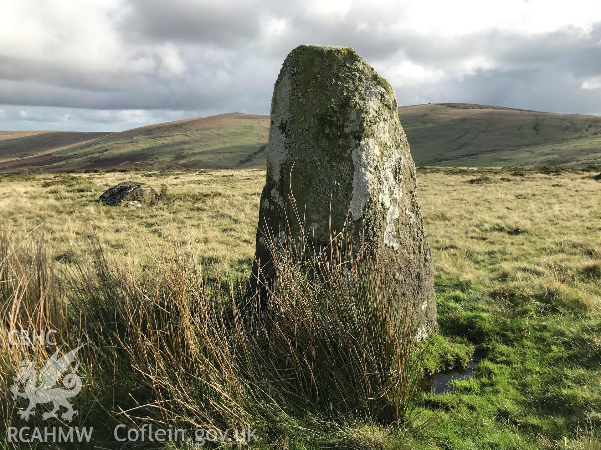 Digital colour photograph showing Waun Mawn standing stone (possible stone circle), Eglwyswrw, taken by Paul Davis on 22nd October 2019.