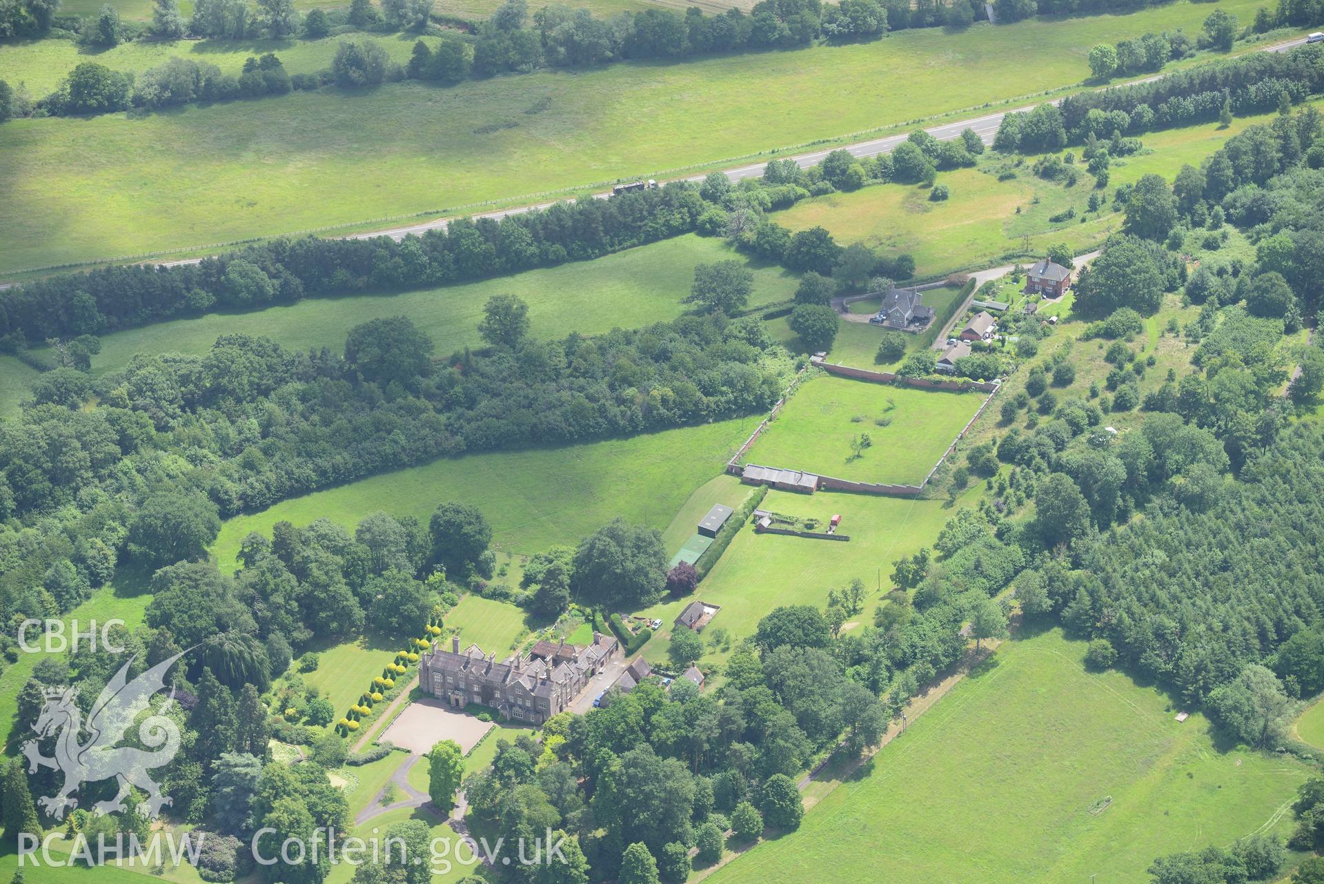 Cefn Tilla Court and Garden, Llandenny, near Usk. Oblique aerial photograph taken during the Royal Commission's programme of archaeological aerial reconnaissance by Toby Driver on 29th June 2015.