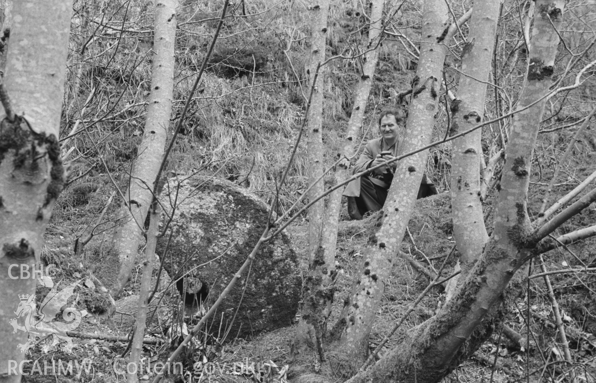 Digital copy of a black and white negative showing one of the millstones of Felin-Blaenau in the Grannell Valley, with W. M. Condry beyond. Photographed in April 1965 from Grid Reference SN 4755 5126.