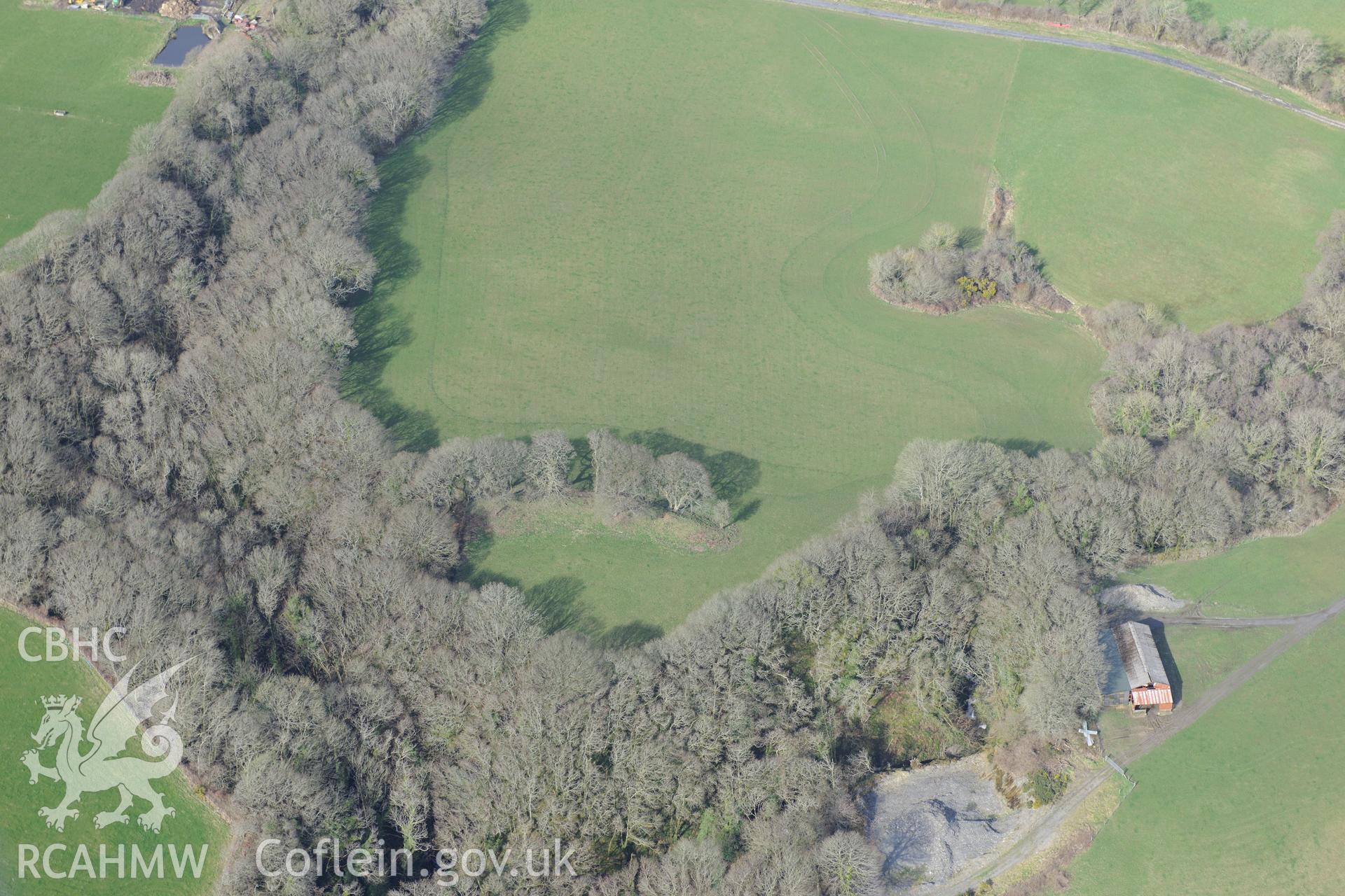 Castell Trefach, Nevern, between Cardigan and Fishguard. Oblique aerial photograph taken during the Royal Commission's programme of archaeological aerial reconnaissance by Toby Driver on 13th March 2015.