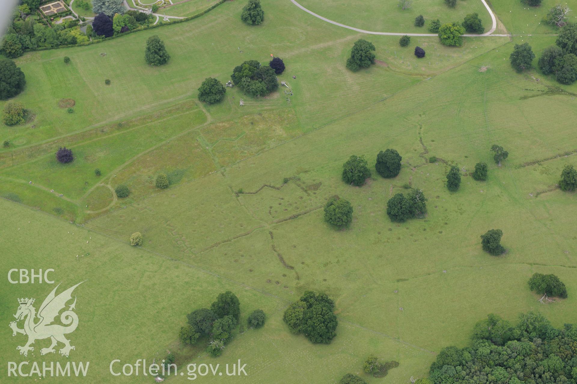 Bodelwyddan Park army practise trenches. Oblique aerial photograph taken during the Royal Commission's programme of archaeological aerial reconnaissance by Toby Driver on 30th July 2015.