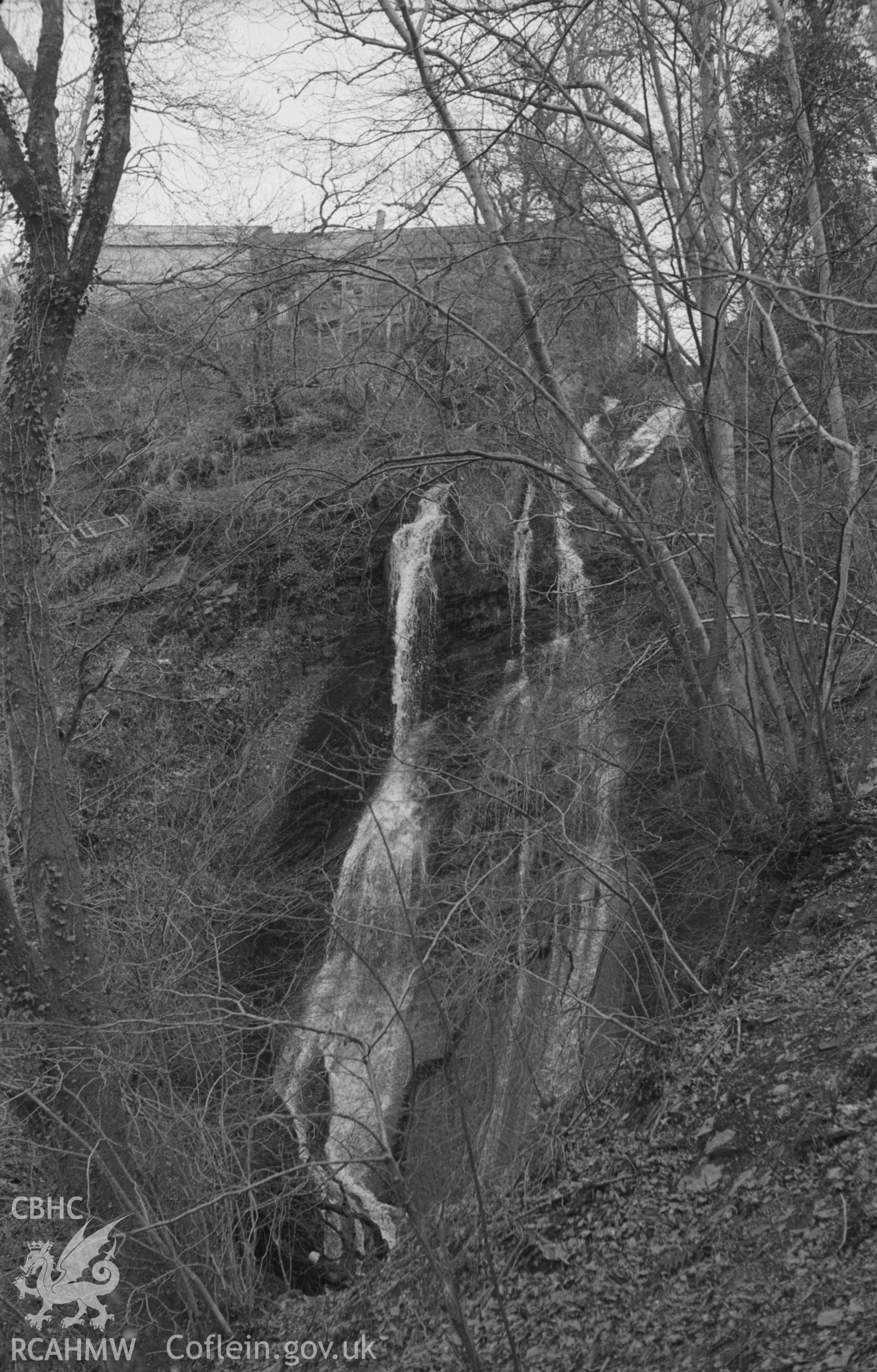 Digital copy of a black and white negative showing Caradog Falls near the Railway Halt, Tynygraig, south east of Aberystwyth. Photographed in April 1964 by Arthur O. Chater from the south side of Sychnant at Grid Reference SN 6925 6951, looking east.