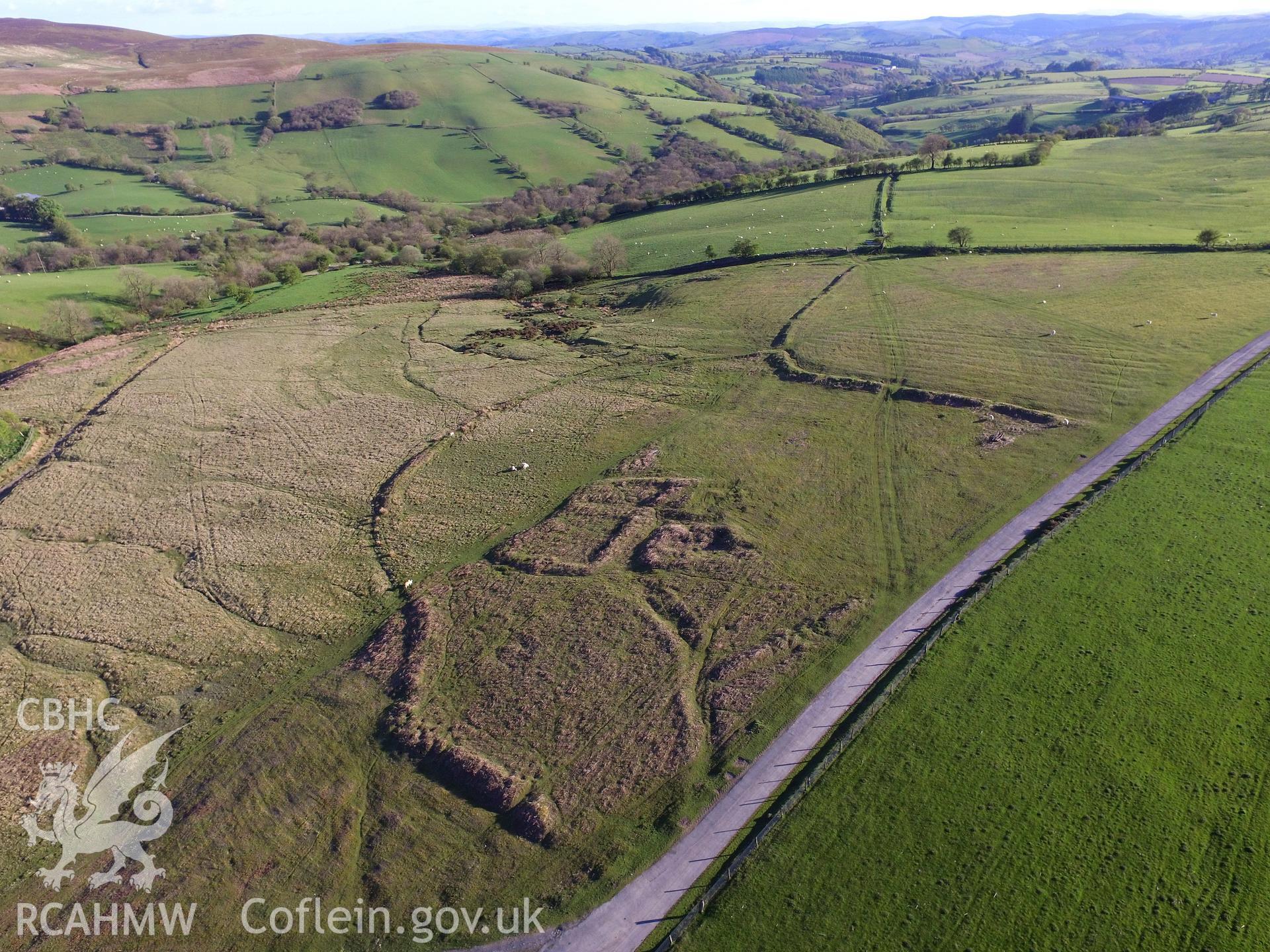 Colour photo showing aerial view of deserted rural settlement at Fron Top, Llanbister, taken by Paul R. Davis, 13th May 2018.