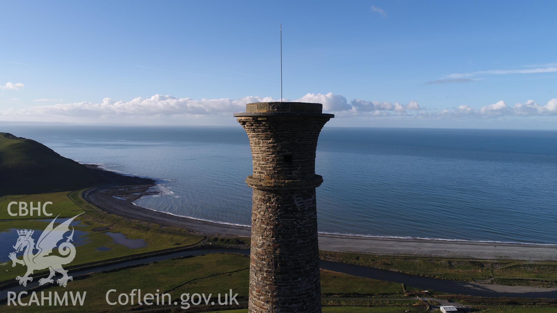 CHERISH Project DJI drone photo survey of Pen Dinas Hillfort and the Wellington Monument. ? Crown: CHERISH PROJECT 2017. Produced with EU funds through the Ireland Wales Co-operation Programme 2014-2020. All material made freely available through the Open Government Licence.