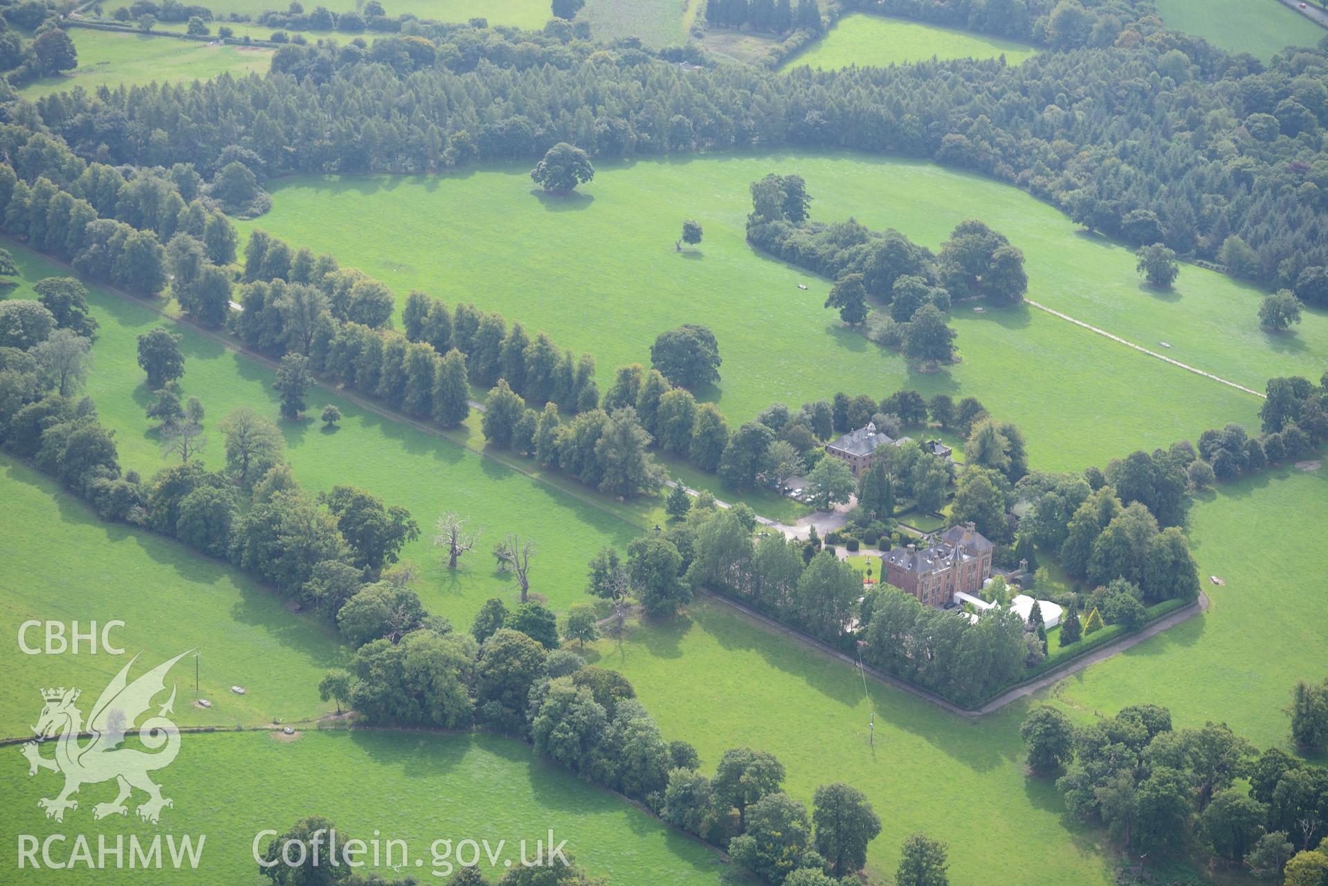 Soughton Hall and Garden, Soughton, near Mold. Oblique aerial photograph taken during the Royal Commission's programme of archaeological aerial reconnaissance by Toby Driver on 11th September 2015.