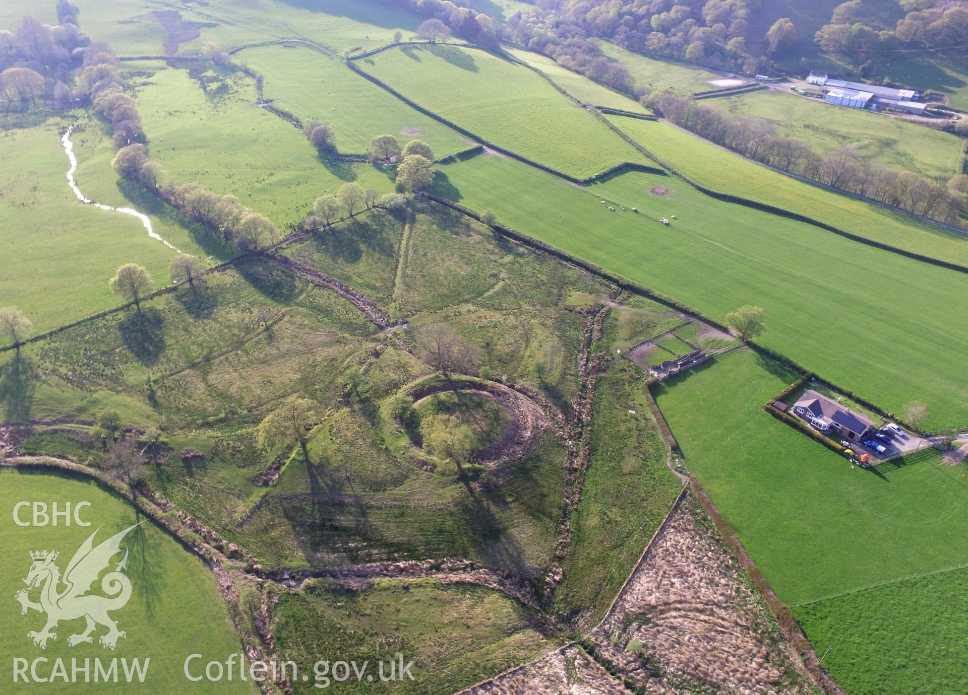 Colour photo showing aerial view of Lle'r Prior, Llanafanfawr, taken by Paul R. Davis, 7th May 2018.