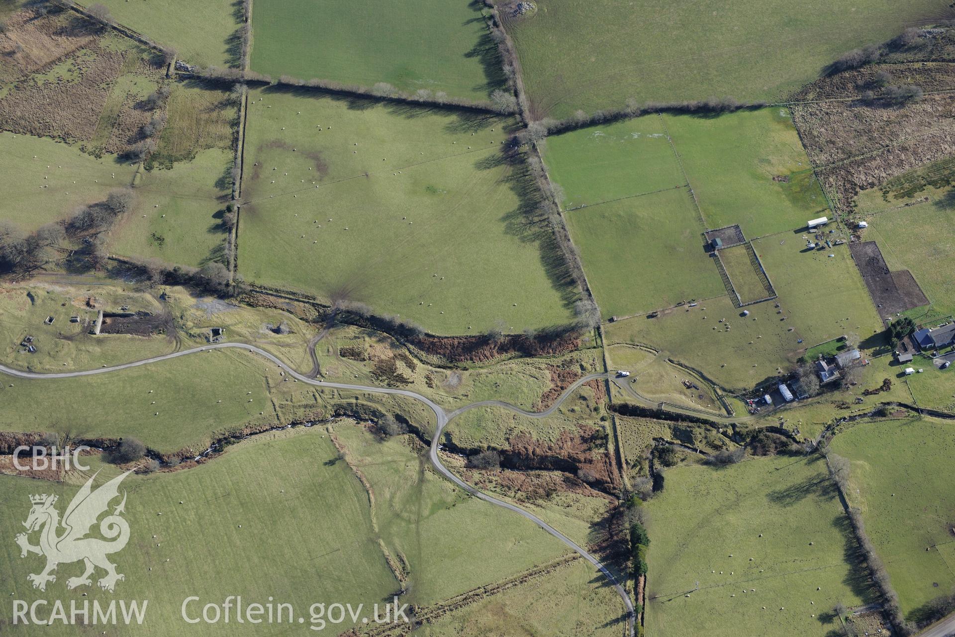 Cwm Mawr mine, north of Pontrhydfendigaid. Oblique aerial photograph taken during the Royal Commission's programme of archaeological aerial reconnaissance by Toby Driver on 4th February 2015.