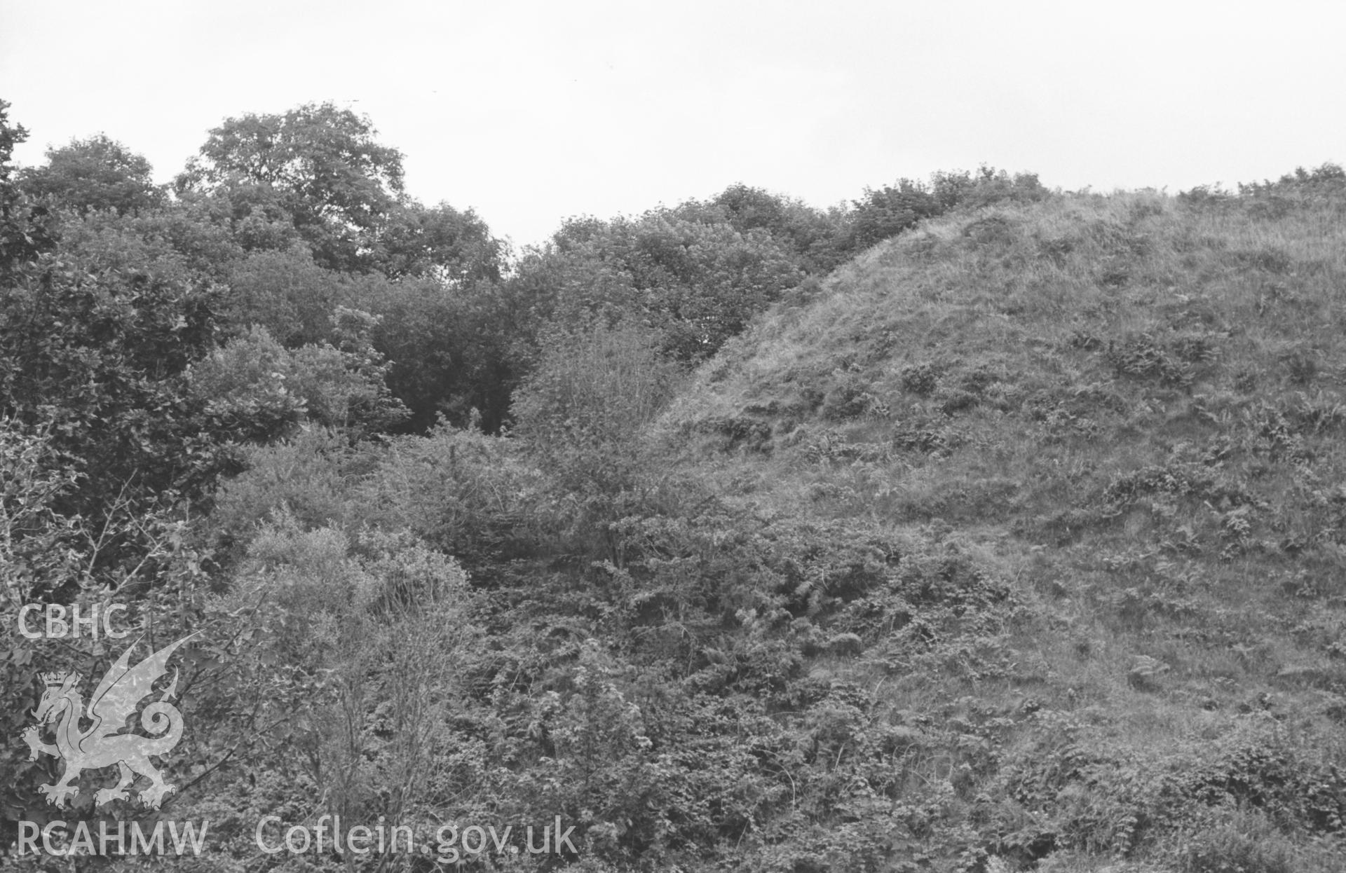 Digital copy of a black and white negative showing Blaenporth castle with Norman motte and bailey. Photographed in August 1963 by Arthur O. Chater from Grid Reference SN 2662 4888, looking south south east. (Panorama, photograph 1 of 2).