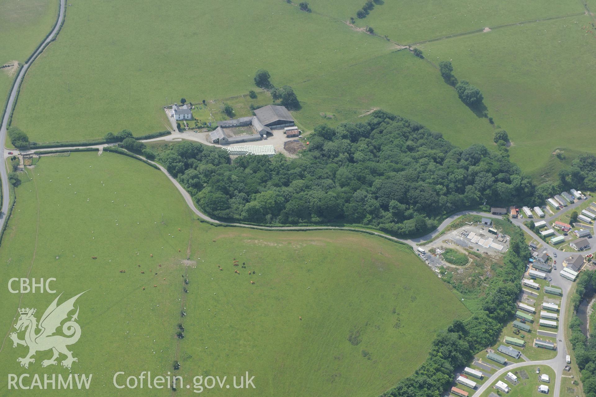 Glanfred fort and garden, Llandre, south west of Talybont, Aberystwyth. Oblique aerial photograph taken during the Royal Commission?s programme of archaeological aerial reconnaissance by Toby Driver on 12th July 2013.