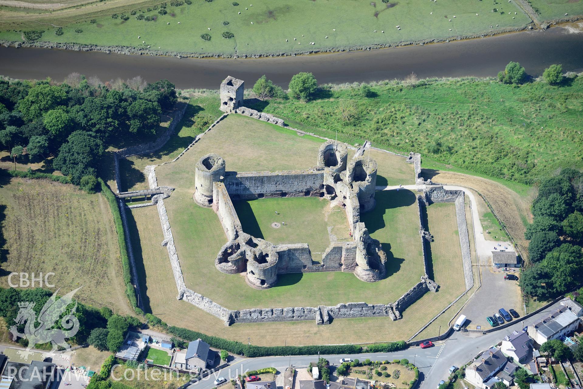 Royal Commission aerial photography of Rhuddlan Castle taken on 19th July 2018 during the 2018 drought.