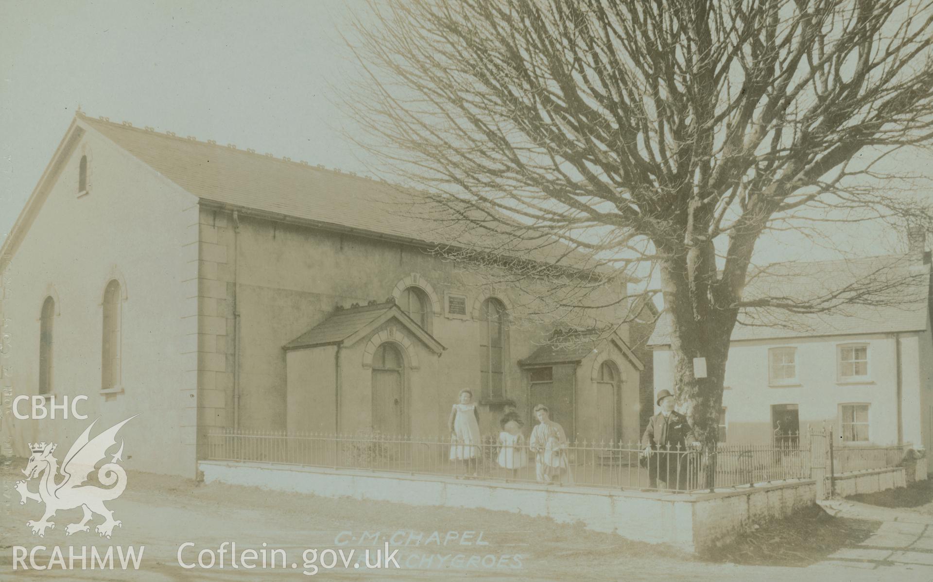 Digital copy of monochrome postcard showing exterior view of Bwlch-y-Groes Welsh Calvinistic Methodist Chapel, Bwlch-y-Groes, Clydau. Loaned for copying by Thomas Lloyd.