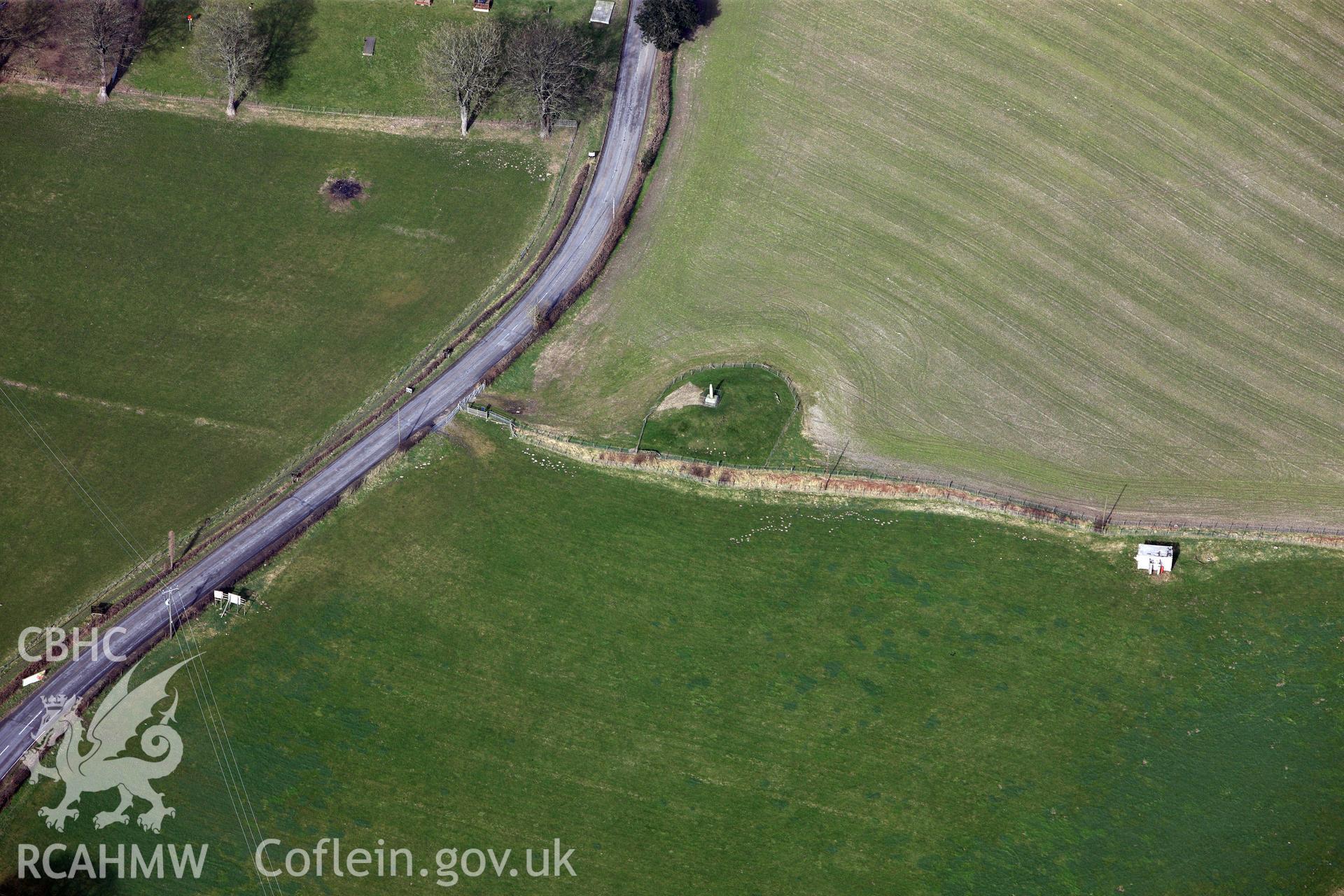 Pillar of Eliseg cross and burial mound, near Llangollen. Oblique aerial photograph taken during the Royal Commission?s programme of archaeological aerial reconnaissance by Toby Driver on 28th February 2013.