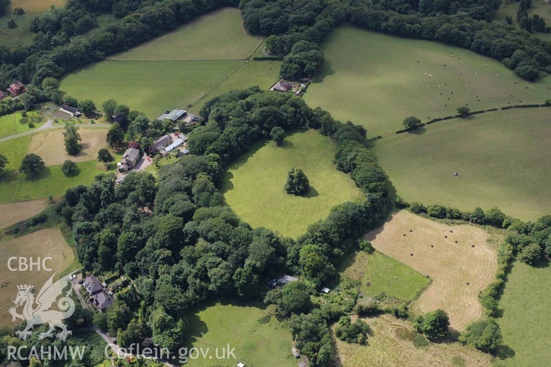 Gardden Camp defended enclosure. Oblique aerial photograph taken during the Royal Commission's programme of archaeological aerial reconnaissance by Toby Driver on 30th July 2015.