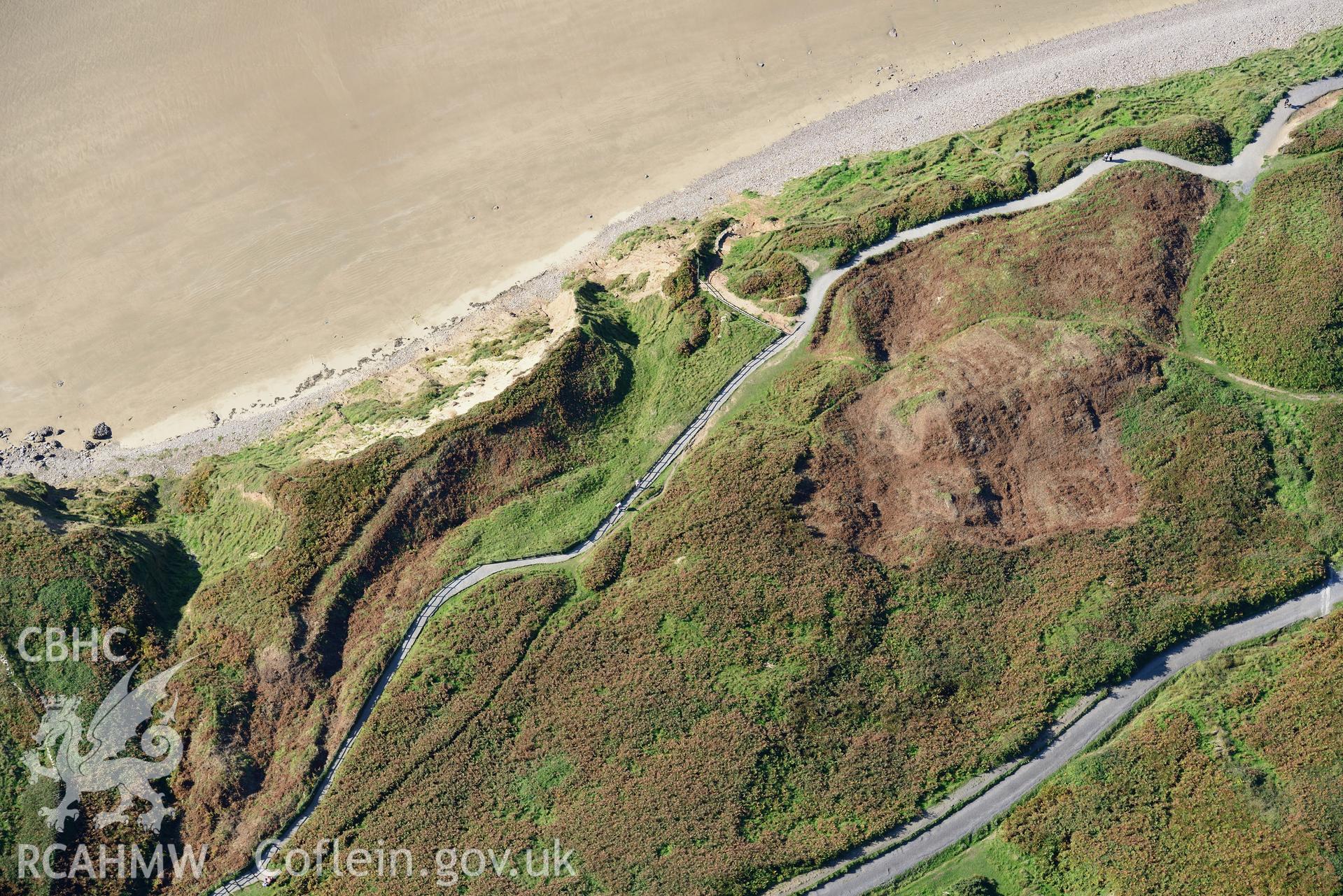 Rhossili Medieval Settlement, just above the sands at Rhosili Bay on the western edge of the Gower Peninsula. Oblique aerial photograph taken during the Royal Commission's programme of archaeological aerial reconnaissance by Toby Driver on 30th September 2015.