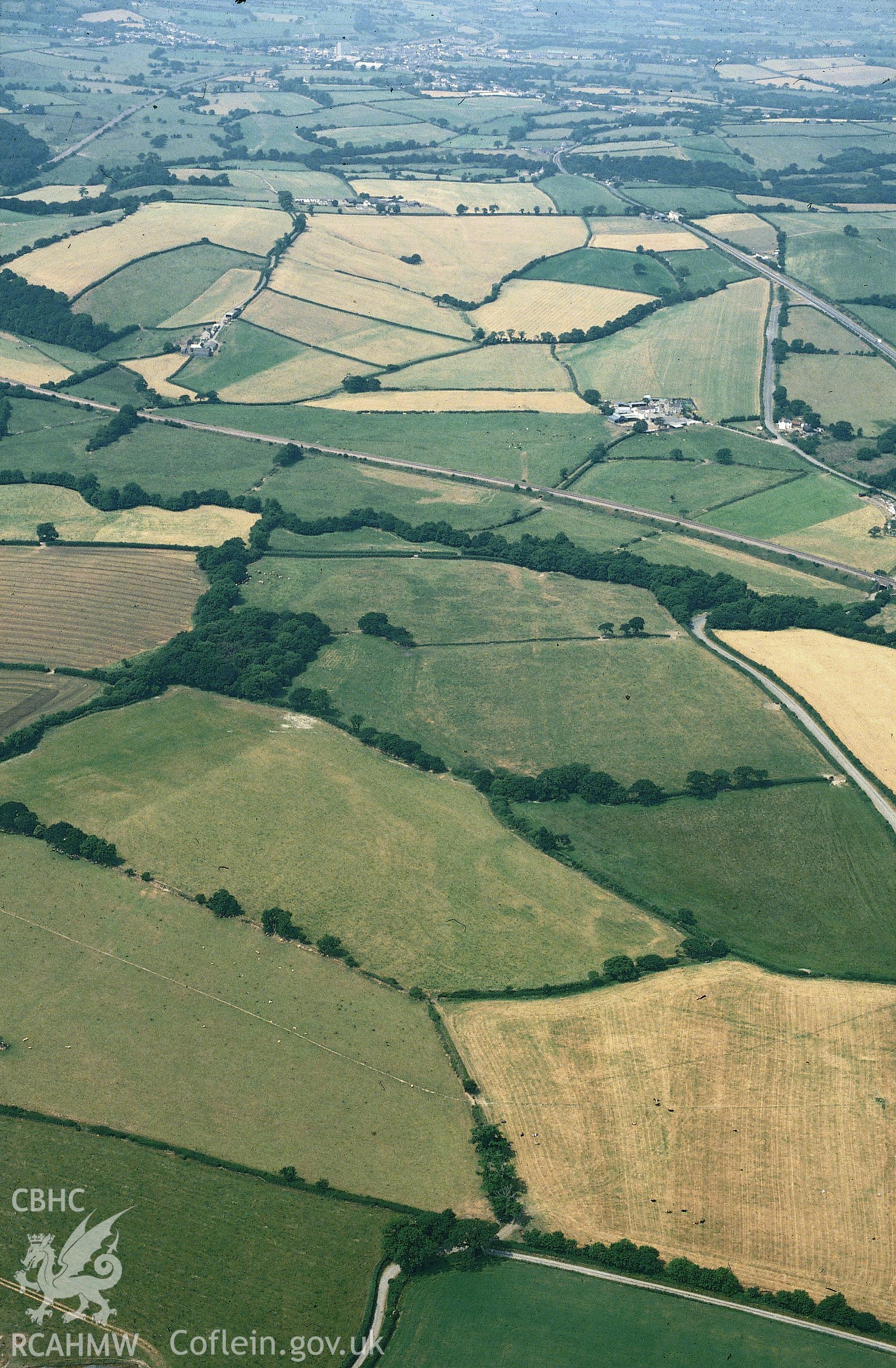 RCAHMW colour slide oblique aerial photograph of the Zabulon section of the roman road west of Carmarthen, Llanboidy, taken on 27/06/1992 by CR Musson