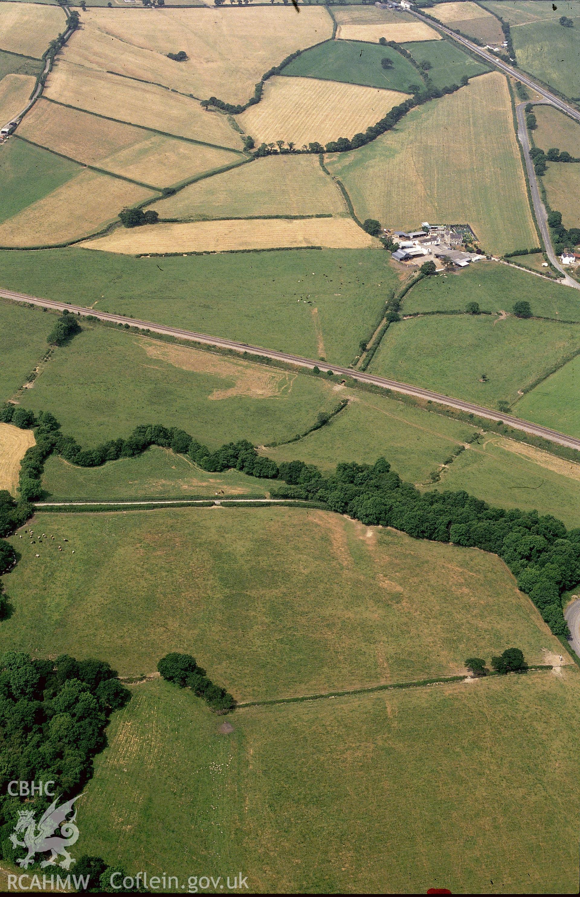 RCAHMW colour slide oblique aerial photograph of the Zabulon section of the roman road west of Carmarthen, Llanboidy, taken on 27/06/1992 by CR Musson