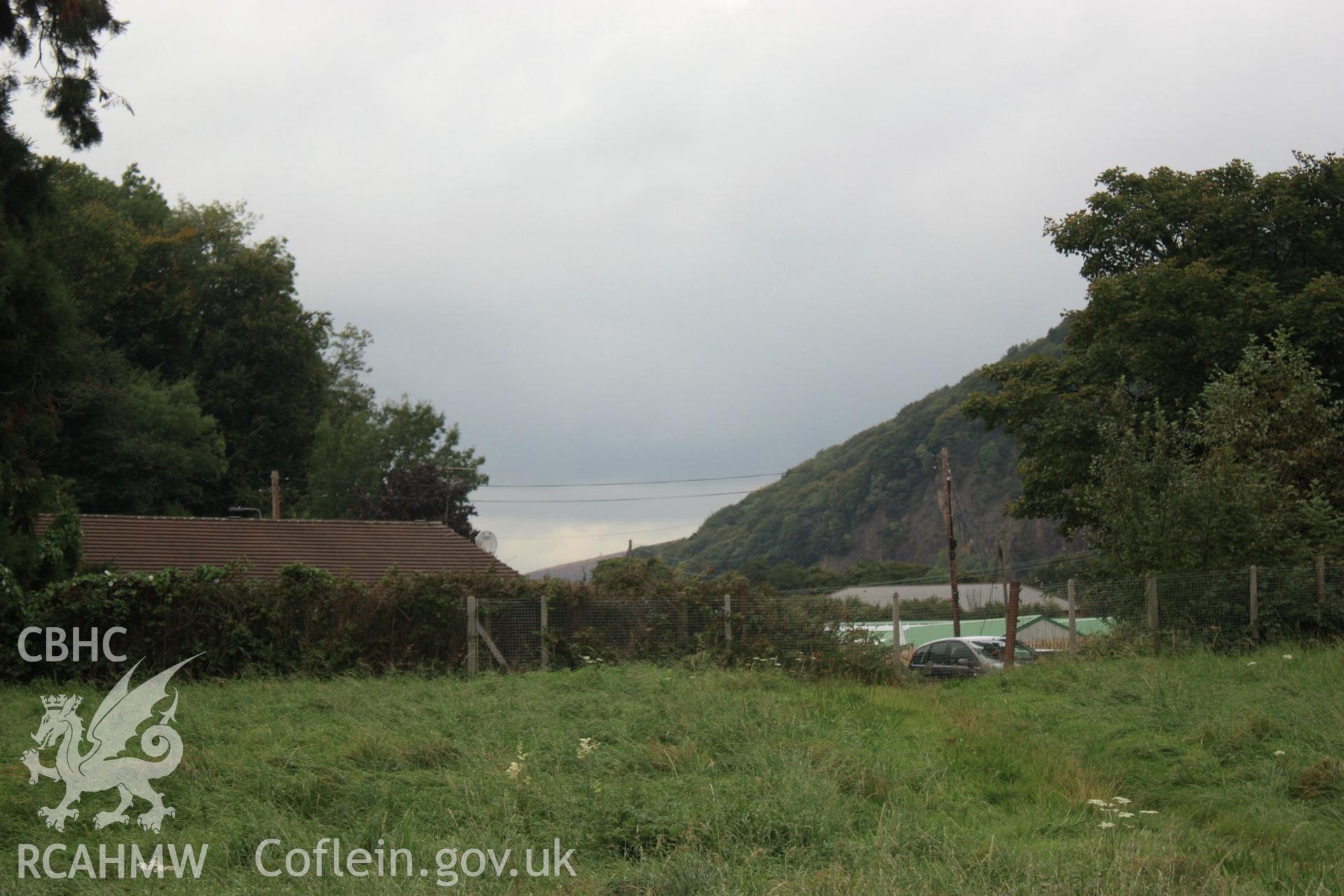 Colour digital image showing field and fence at Morganstown Motte, Radyr. From a Cambrian Archaeological Projects assessment survey by Dr Amelia Pannett (CAP Report 592).