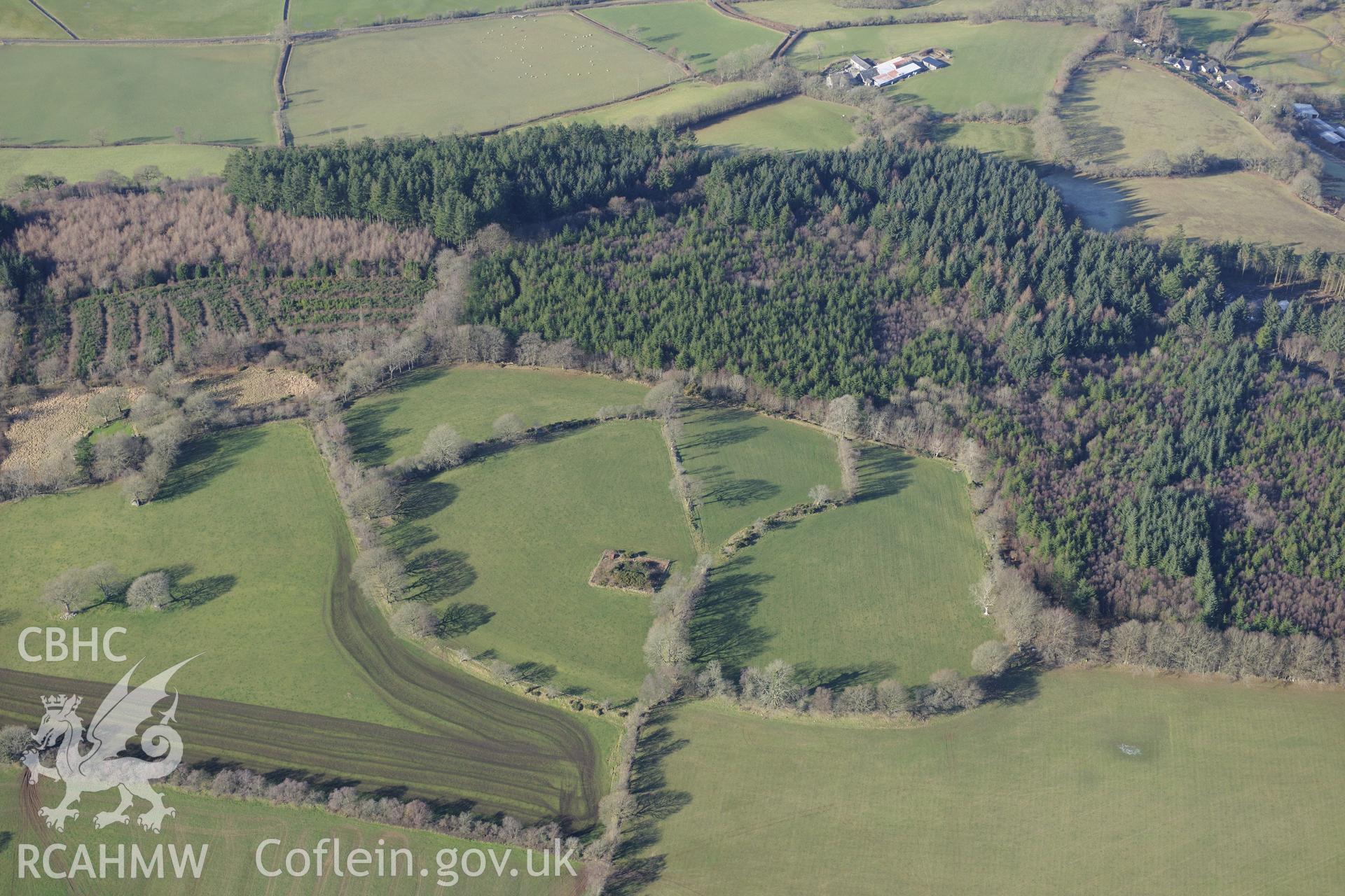 Castell Goetre hillfort, north east of Lampeter. Oblique aerial photograph taken during the Royal Commission's programme of archaeological aerial reconnaissance by Toby Driver on 4th February 2015.