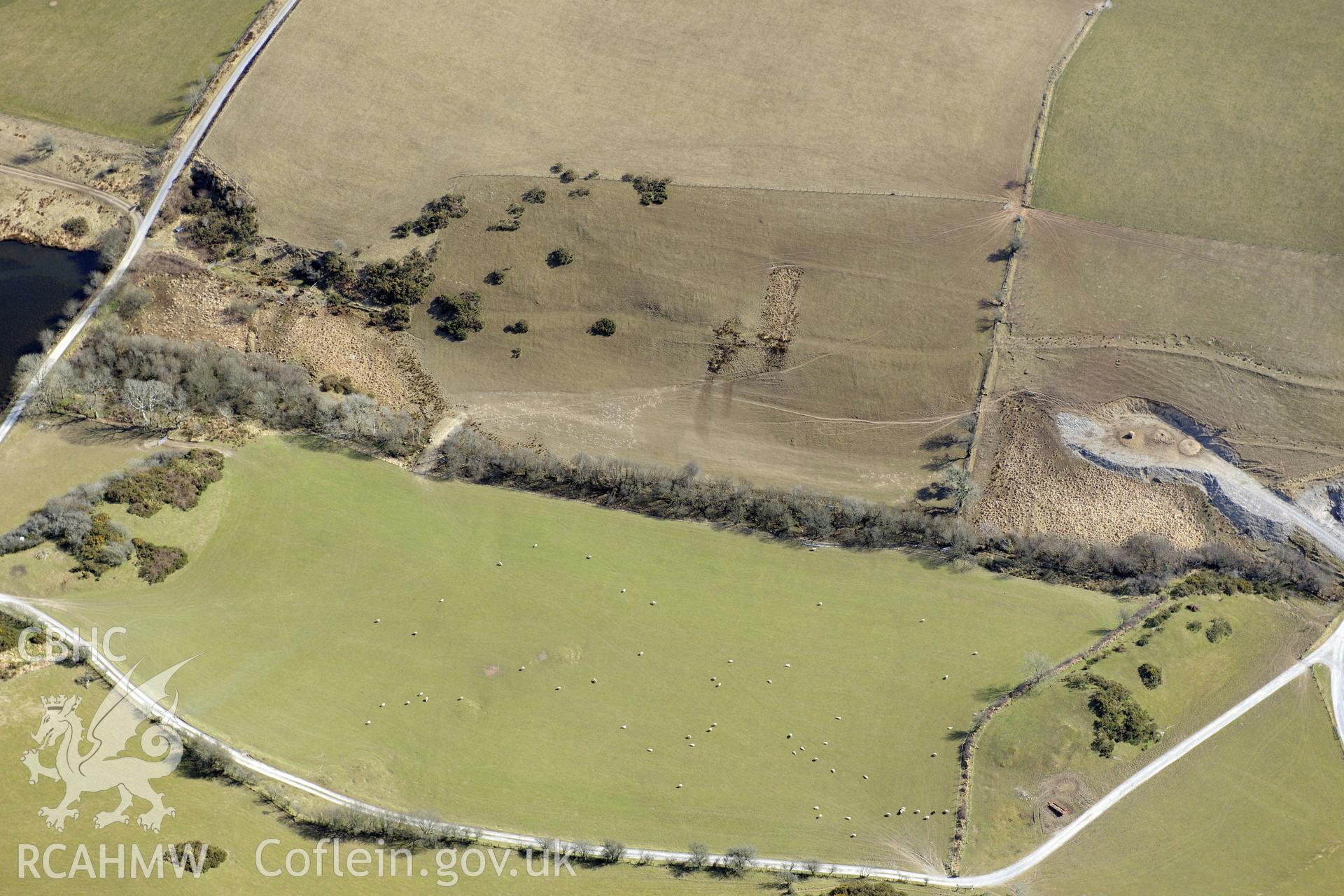 Leat for Mynydd Gorddu lead mine, on Mynydd Gorddu farm, west of Bont-Goch, Aberystwyth. Oblique aerial photograph taken during the Royal Commission?s programme of archaeological aerial reconnaissance by Toby Driver on 2nd April 2013.